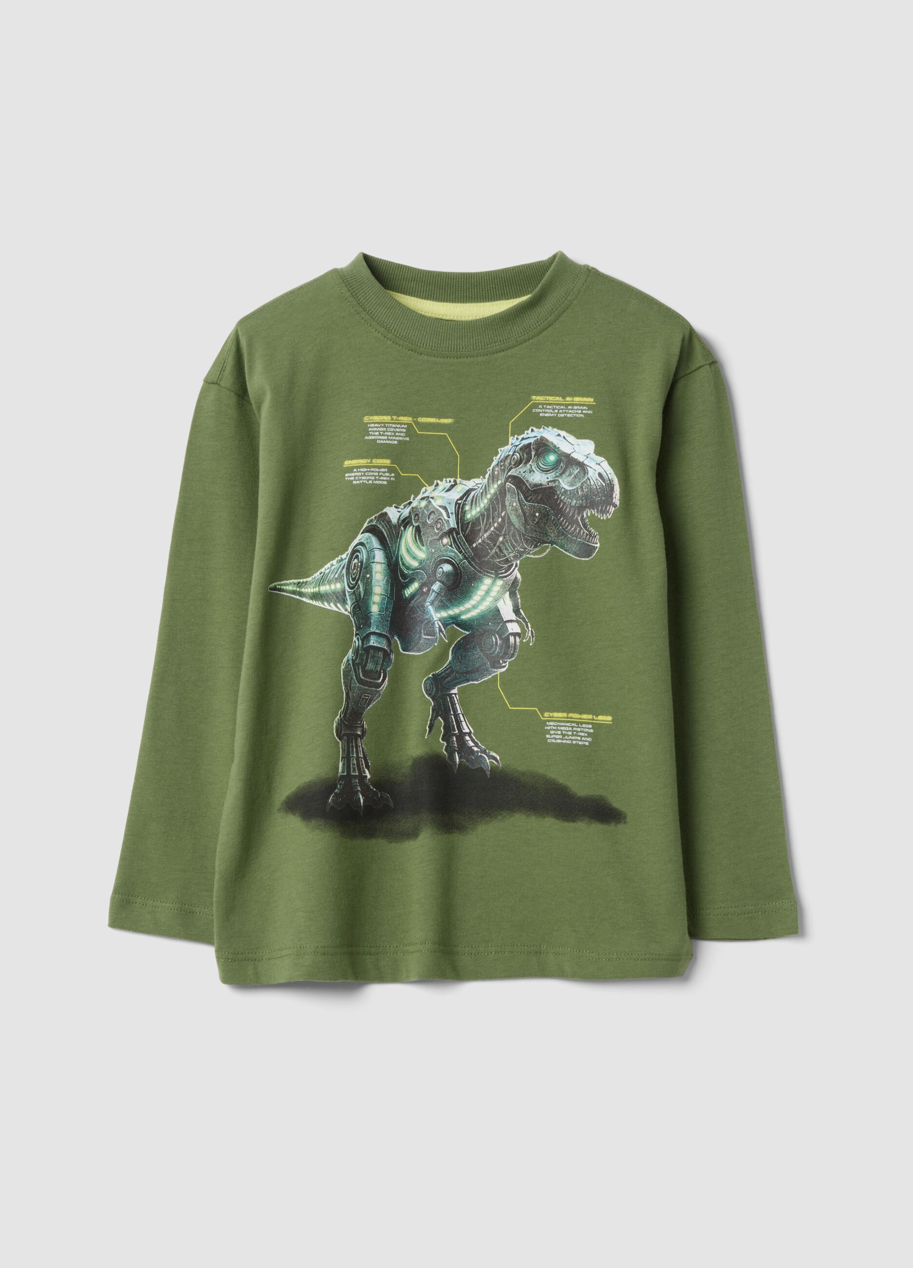 T-shirt over verde in puro cotone organico con stampa dinosauro