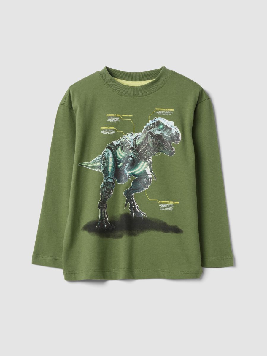 T-shirt over verde in puro cotone organico con stampa dinosauro_0