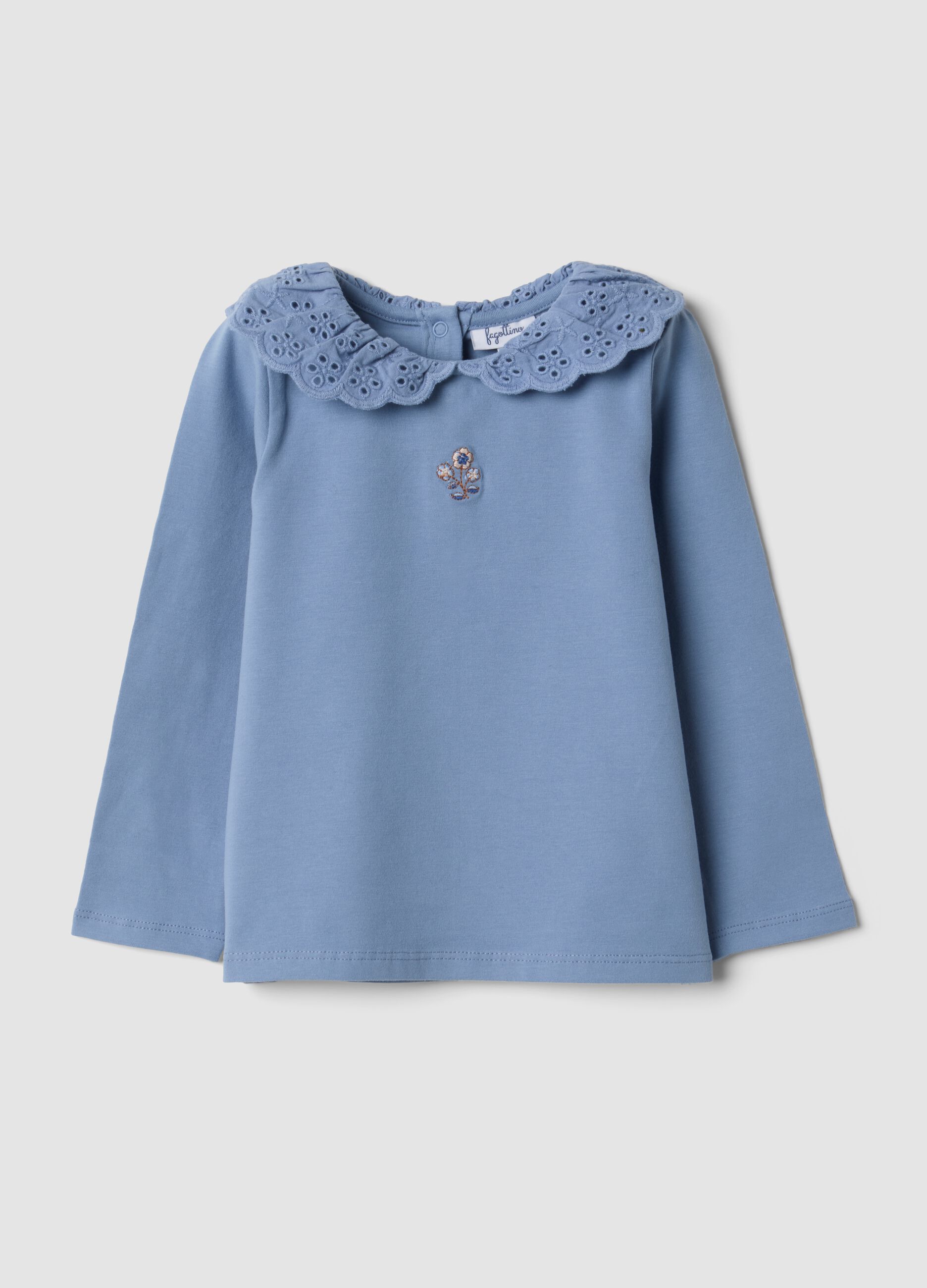 Blue stretch organic cotton top with broderie anglaise collar