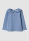 Blue stretch organic cotton top with broderie anglaise collar_0