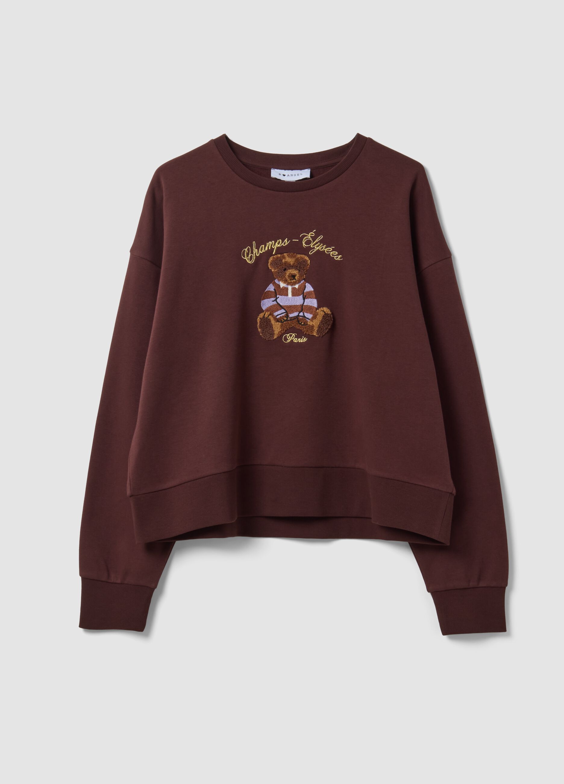 Felpa marrone in misto cotone con girocollo e stampa teddy