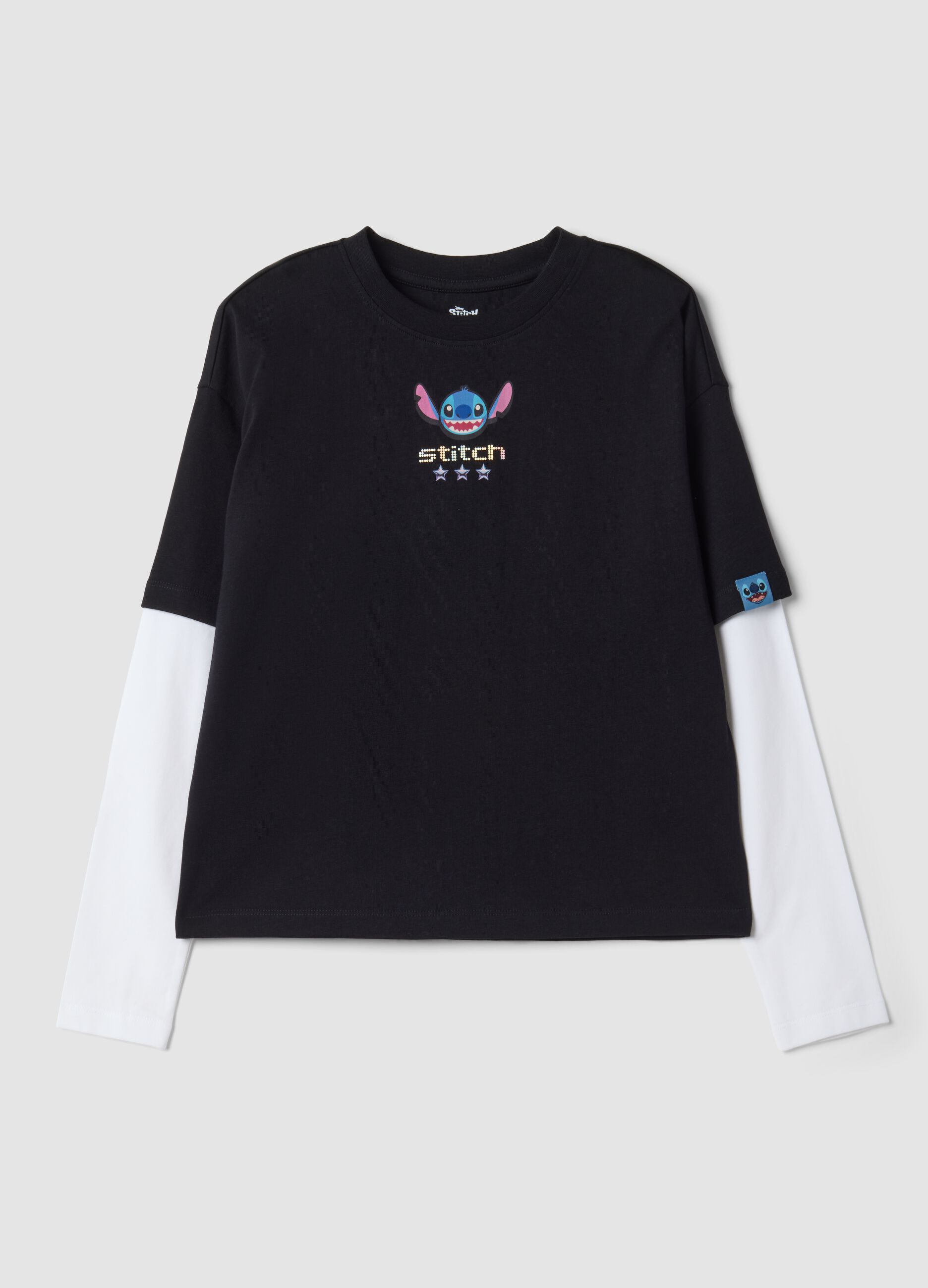 T-shirt nera in puro cotone con collo a costine e stampa Stitch