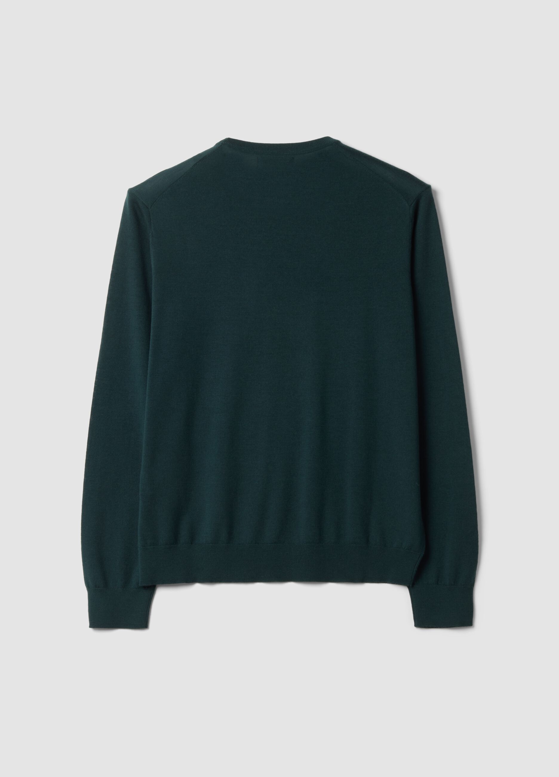 Green pure merino wool crew-neck jumper, regular fit