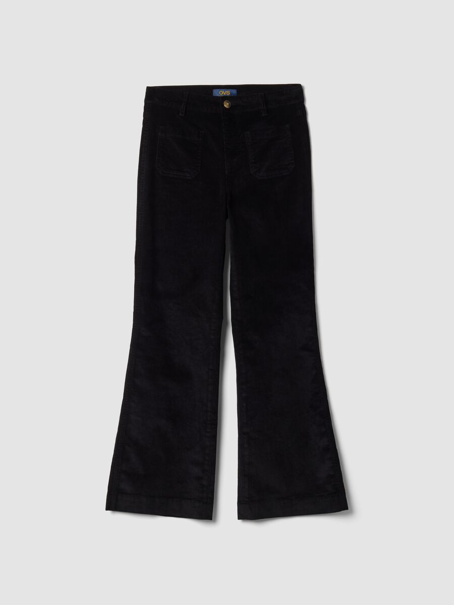 Black ribbed stretch cotton and modal flare trousers_0