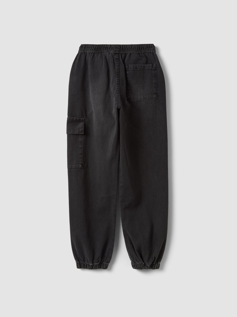 Black pure cotton denim joggers with cargo pockets, relaxed fit_1