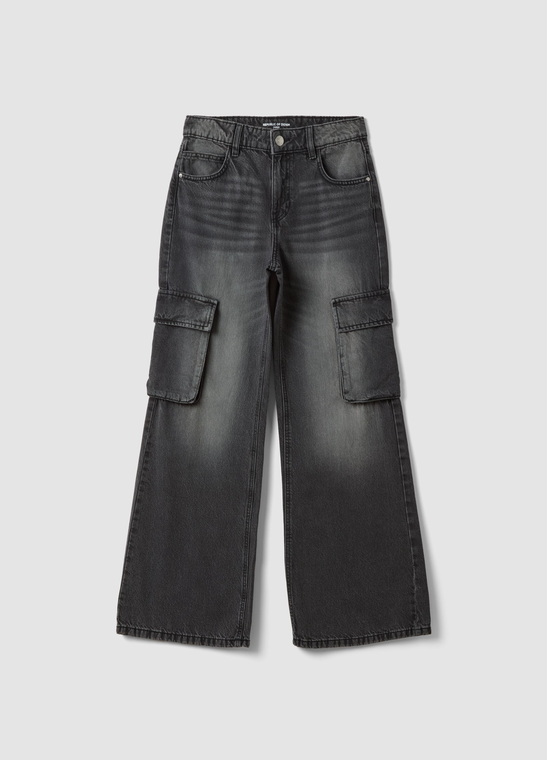Girls&rsquo; grey cargo jeans in pure cotton, relaxed fit