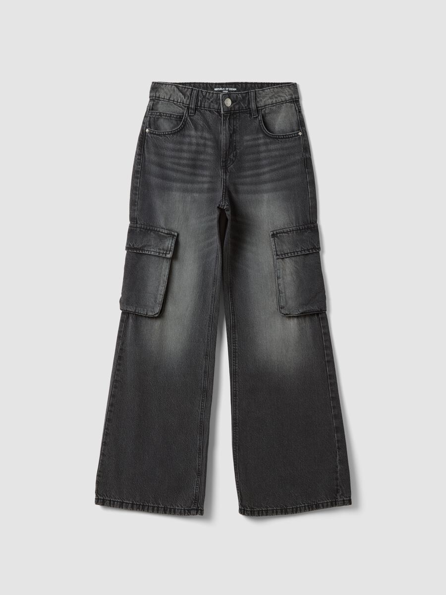 Girls&rsquo; grey cargo jeans in pure cotton, relaxed fit_0
