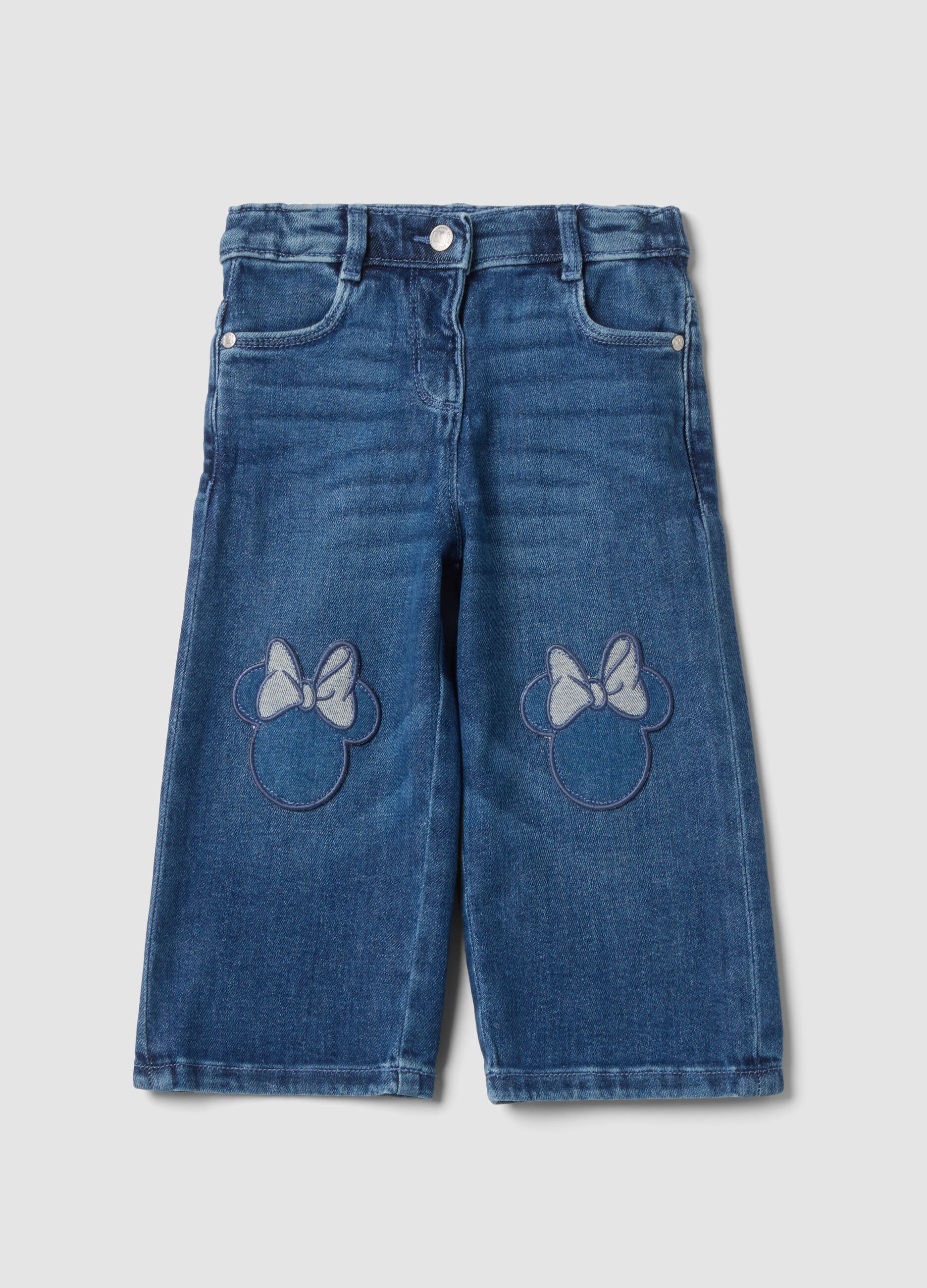 Jeans blu chiaro wide leg in cotone elasticizzato con ricami Minnie