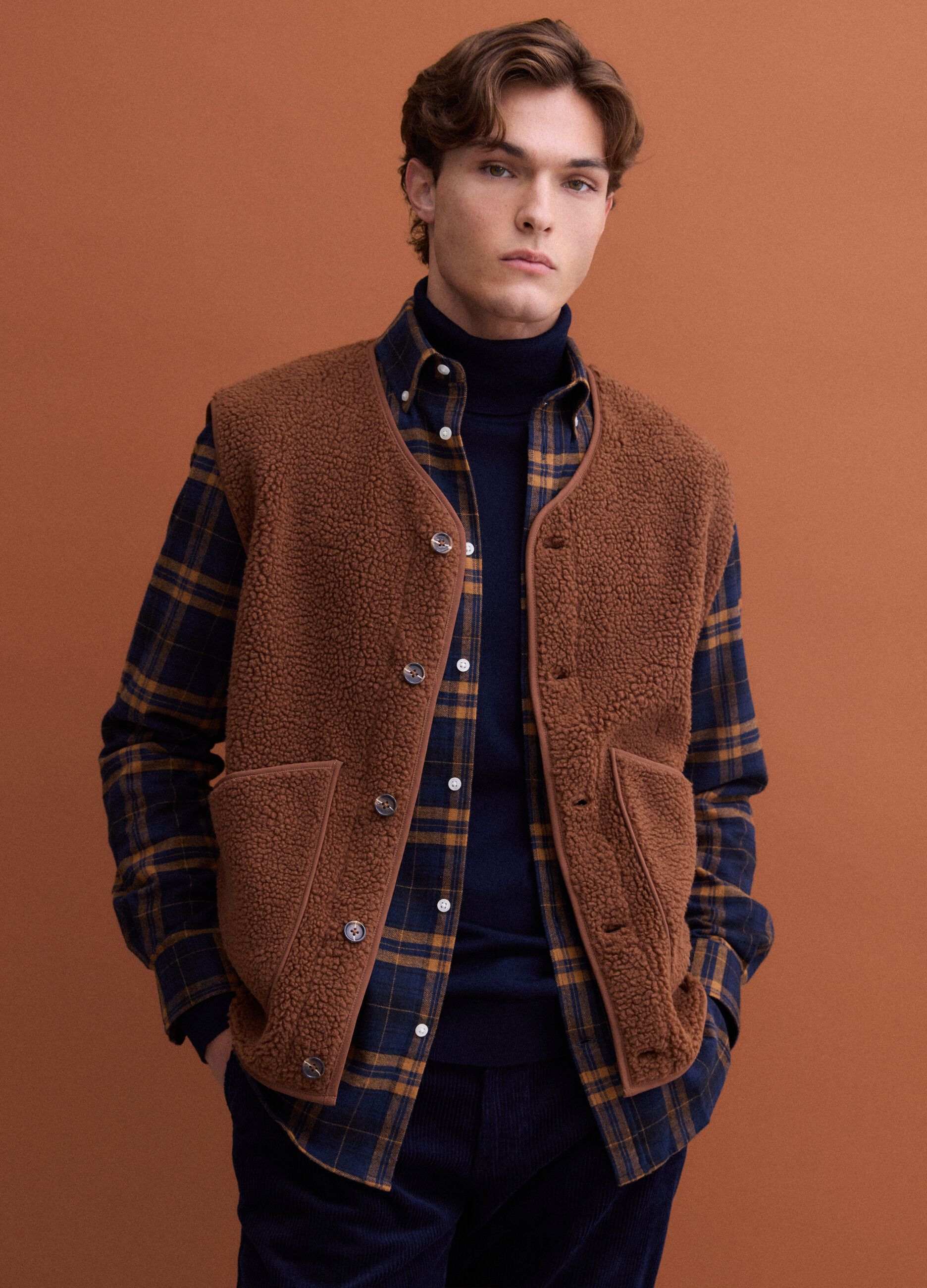 Light brown V-neck gilet with patch pockets