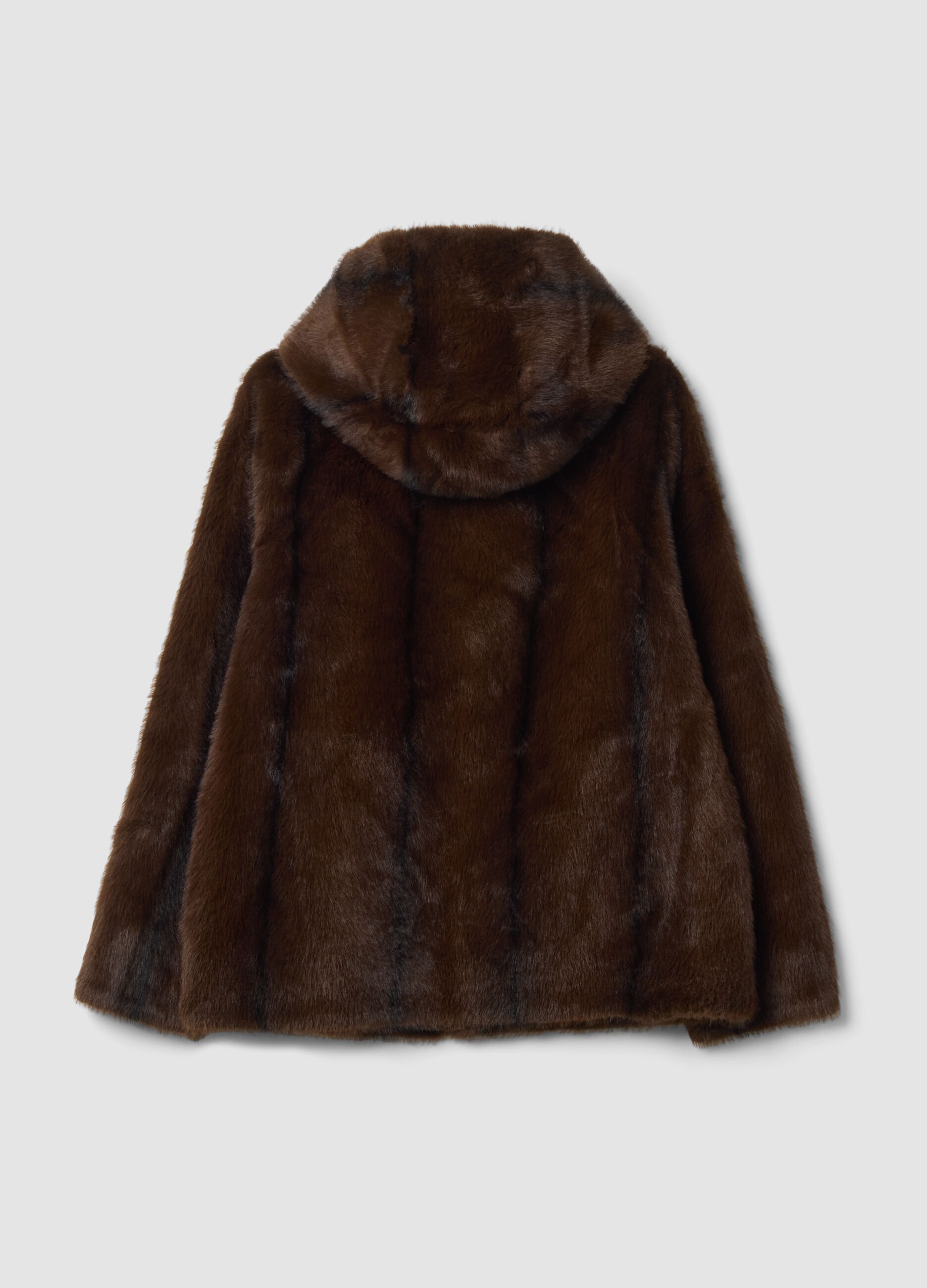 Brown regular-fit coat with hood in teddy-look fabric