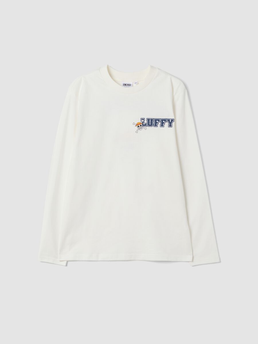 White pure cotton T-shirt with One Piece print, relaxed fit_0
