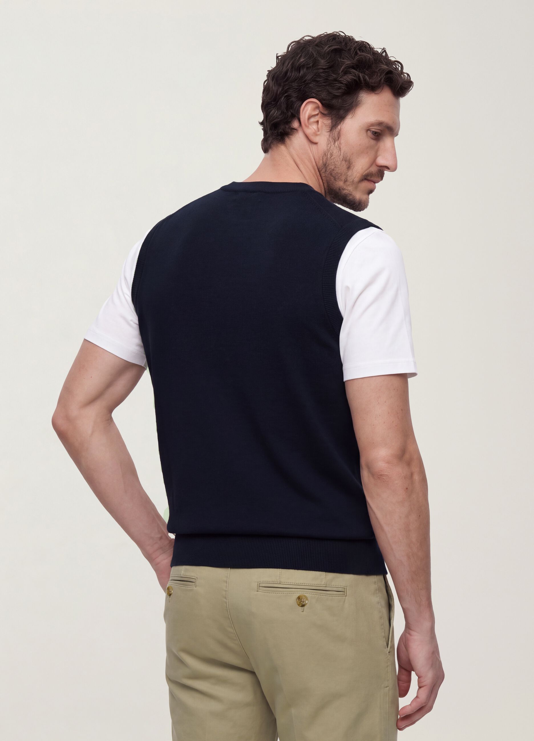 Blue viscose-blend waistcoat with deep V-neck, regular fit