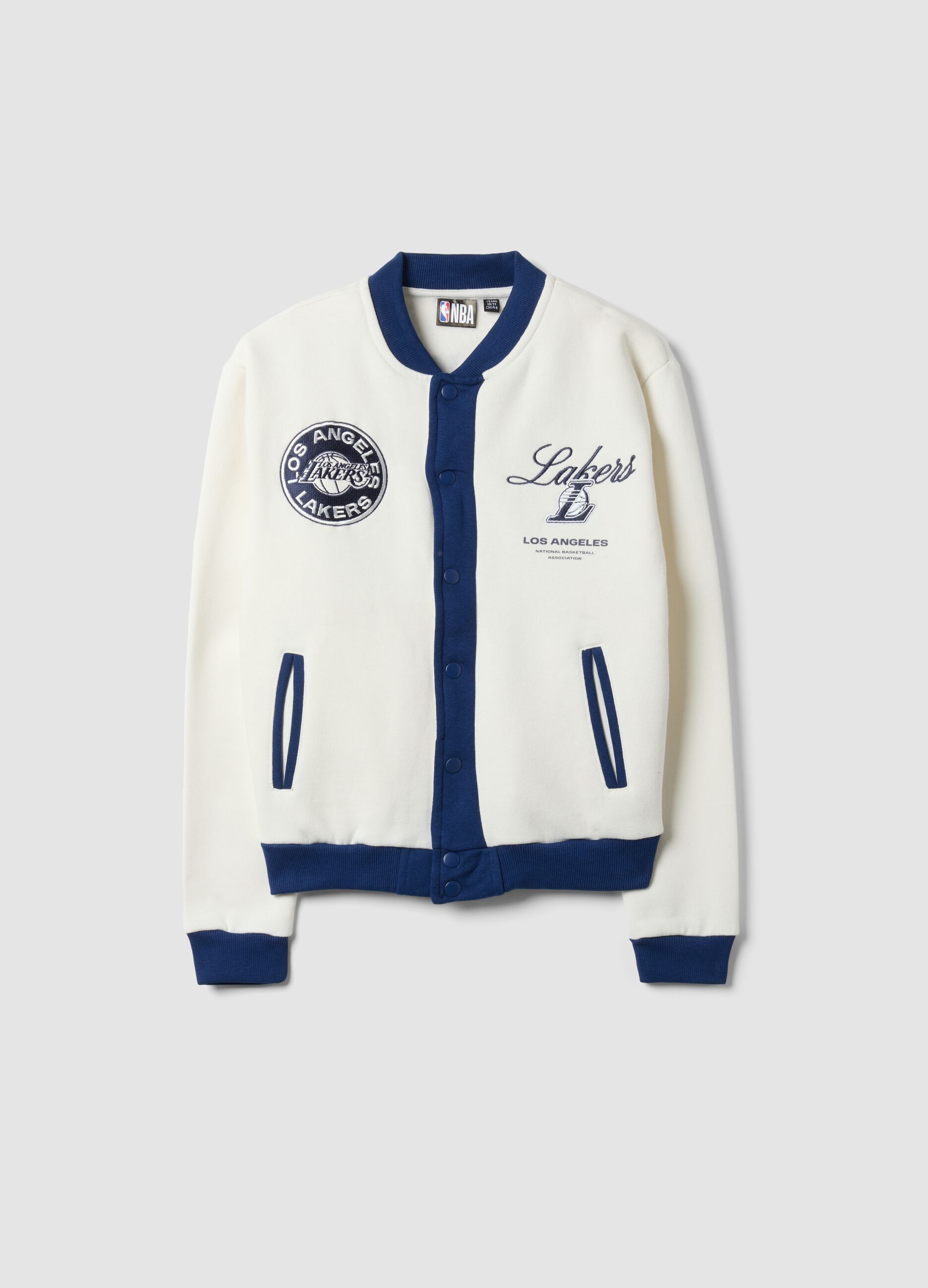 Beige cotton-blend sweatshirt with snap buttons and Lakers print