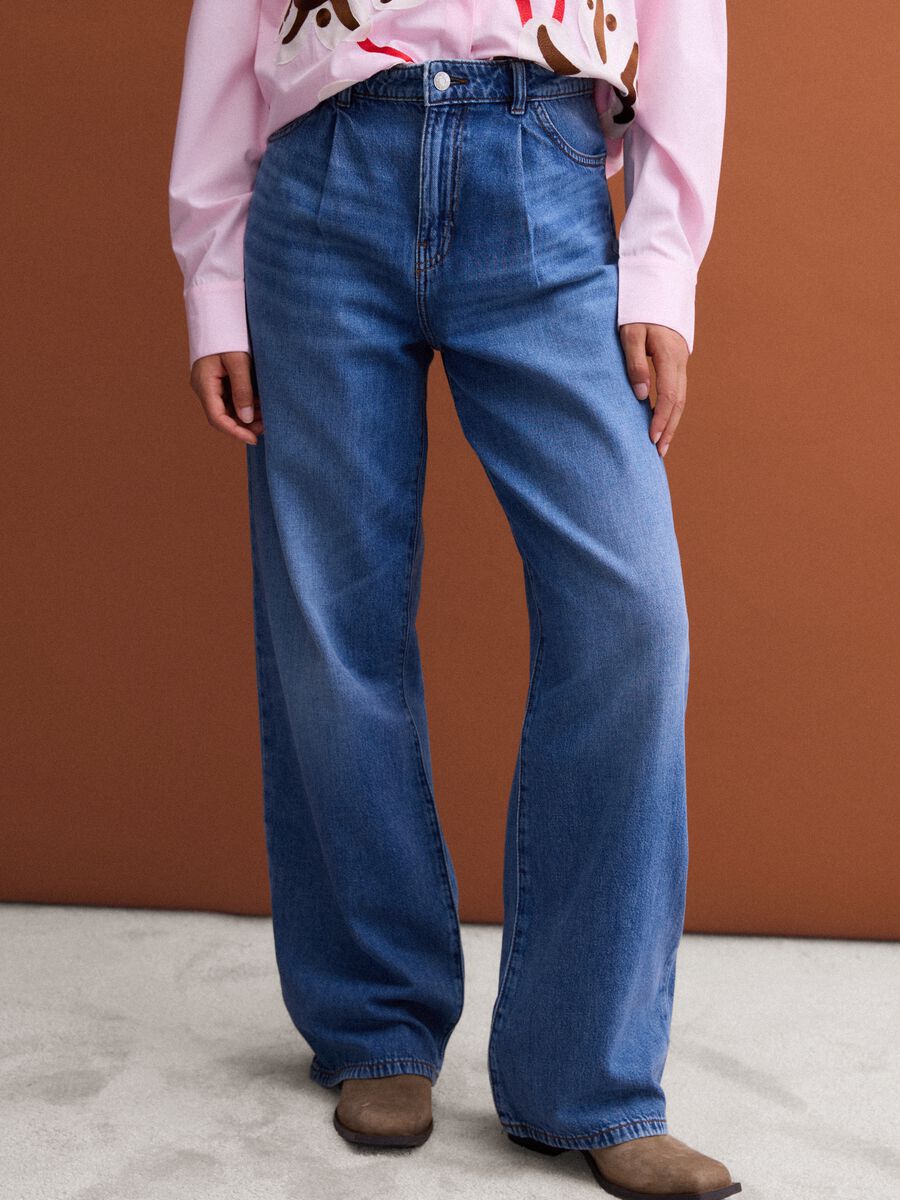 High-waisted wide-leg blue jeans in pure cotton_2
