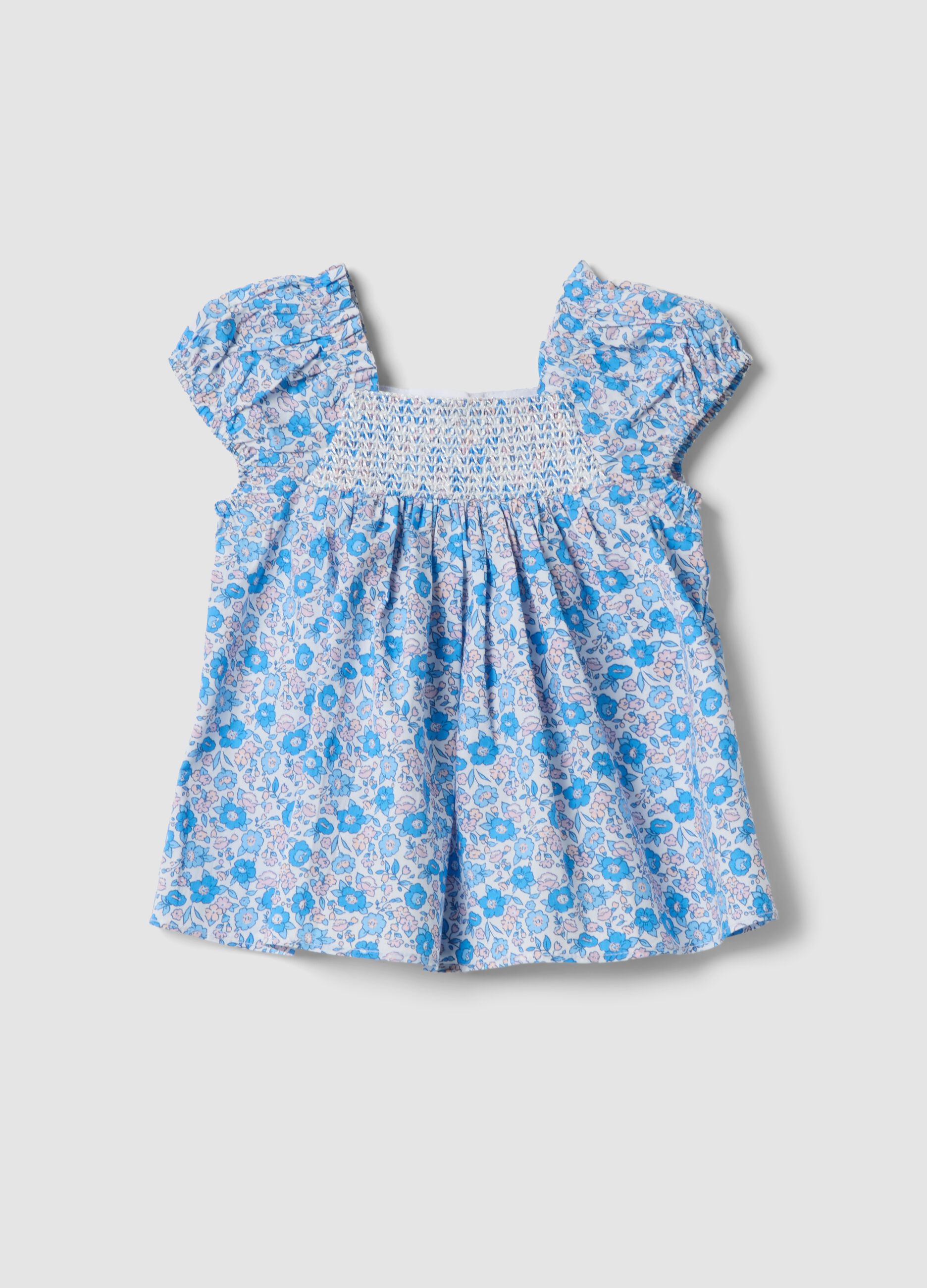 Blue pure cotton floral blouse with frills
