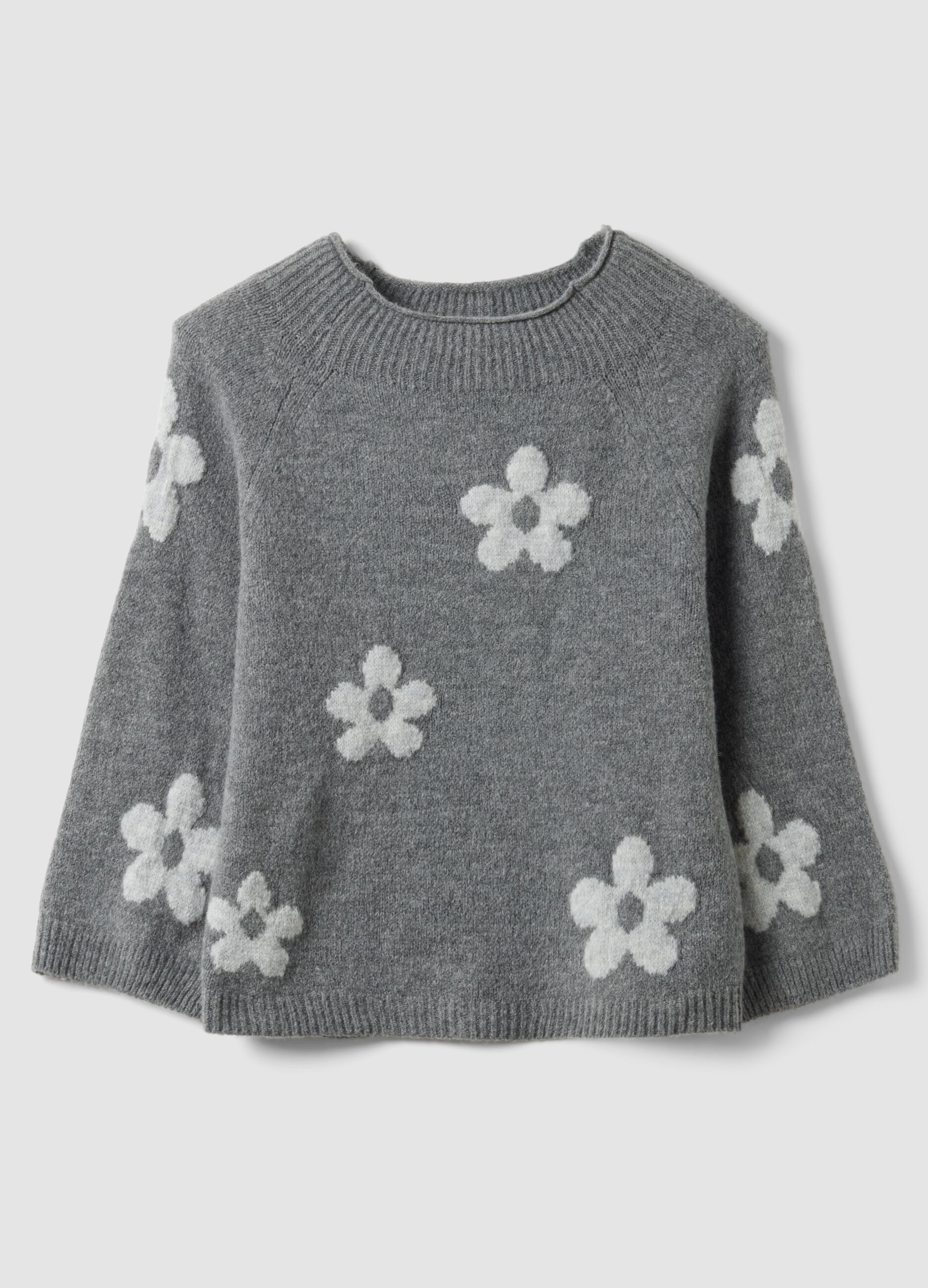 Grey wool-blend jumper with floral pattern, regular fit