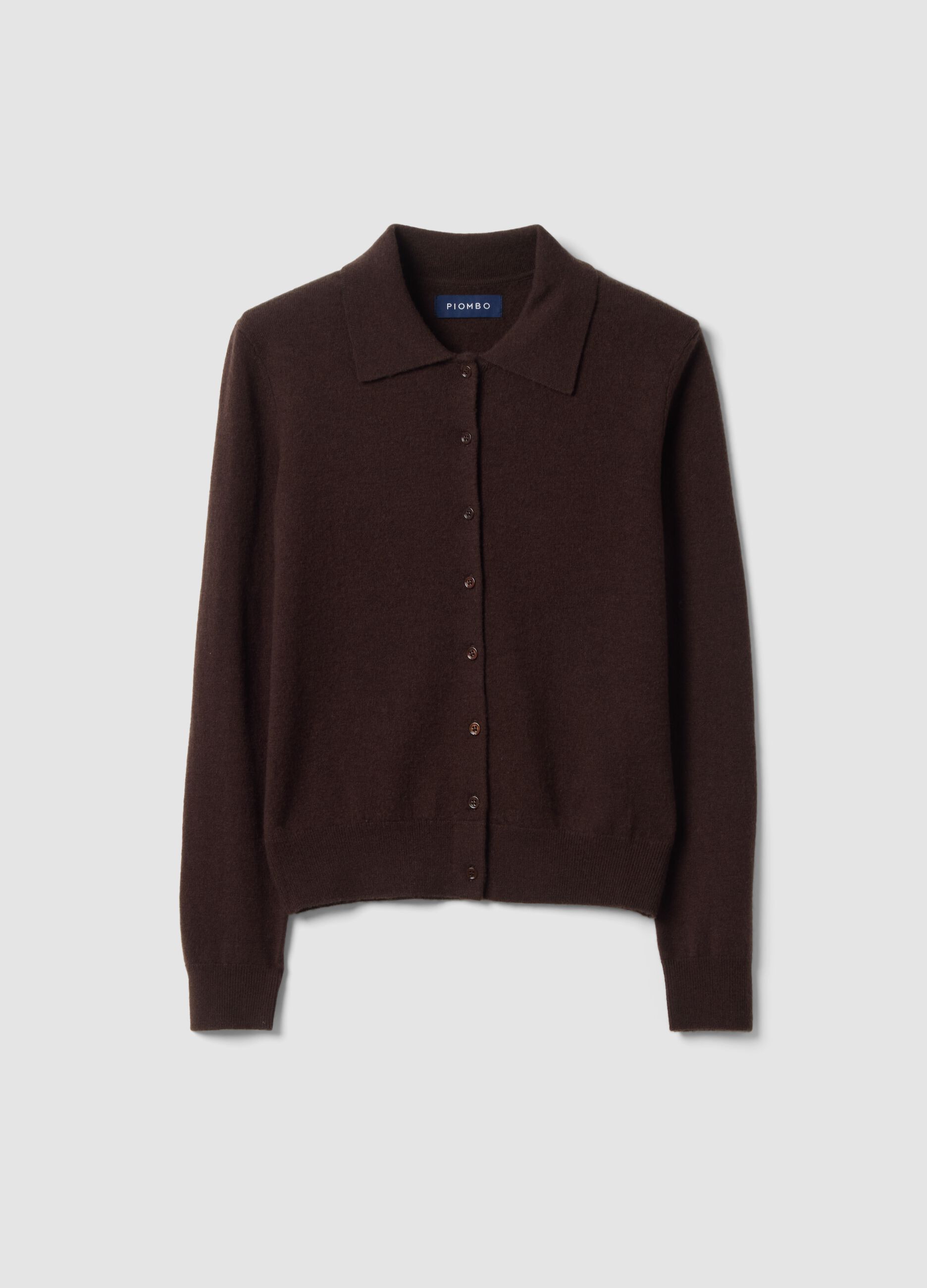 Brown pure wool cardigan with polo collar, regular fit