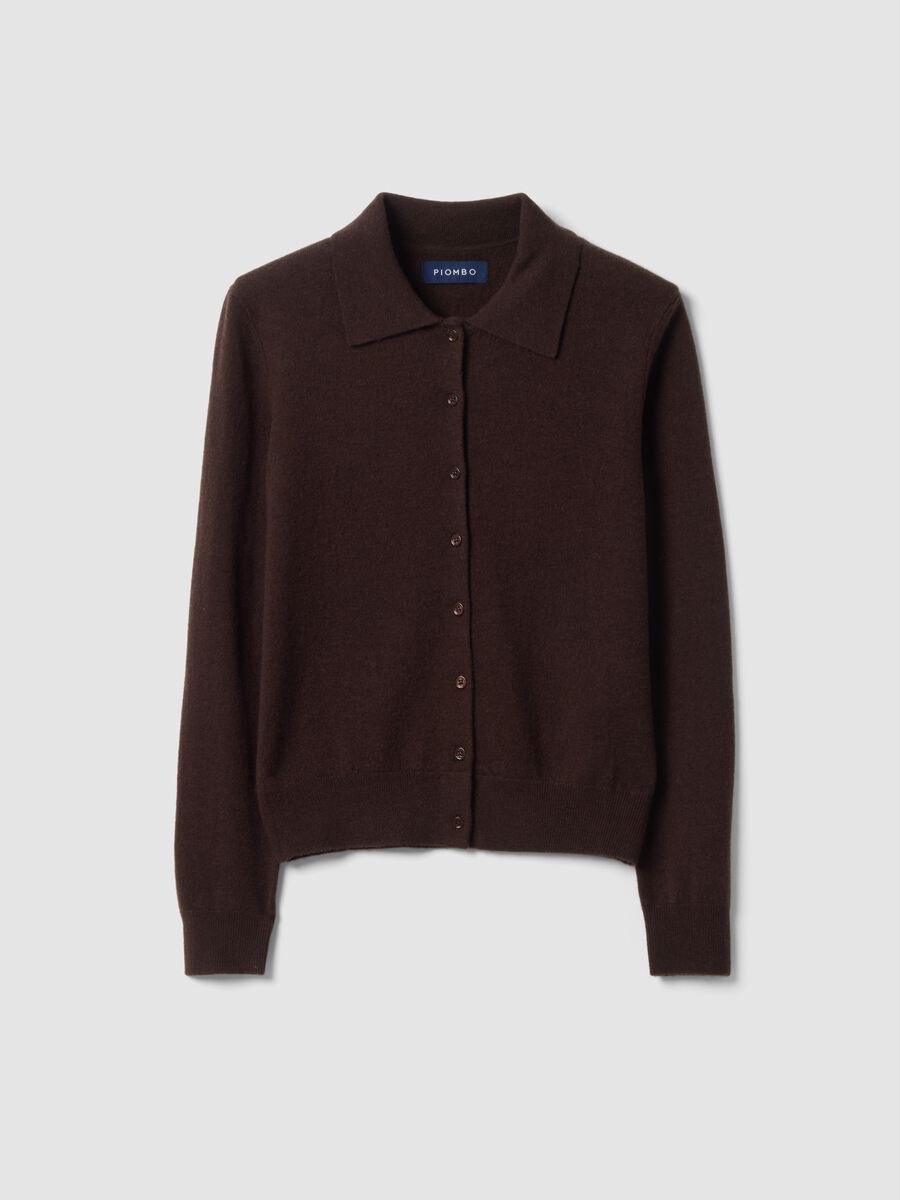 Brown pure wool cardigan with polo collar, regular fit_0