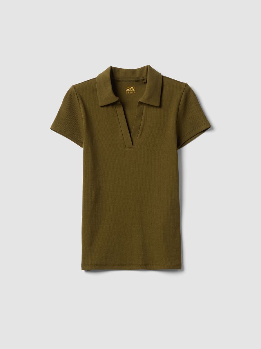 Green stretch cotton V-neck polo shirt with open neckline, regular fit_4