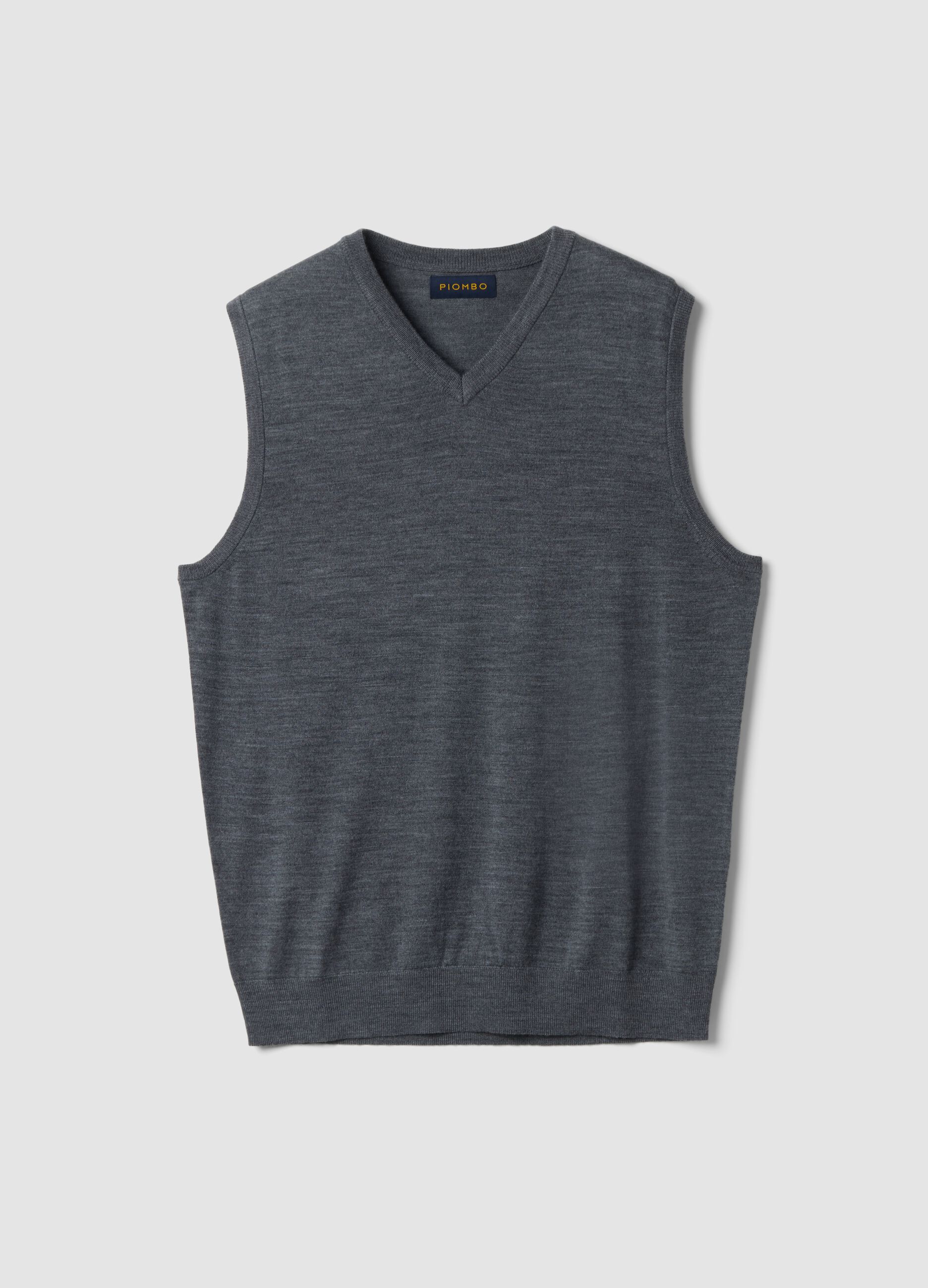 Grey m&eacute;lange pure merino wool deep V-neck waistcoat, regular fit