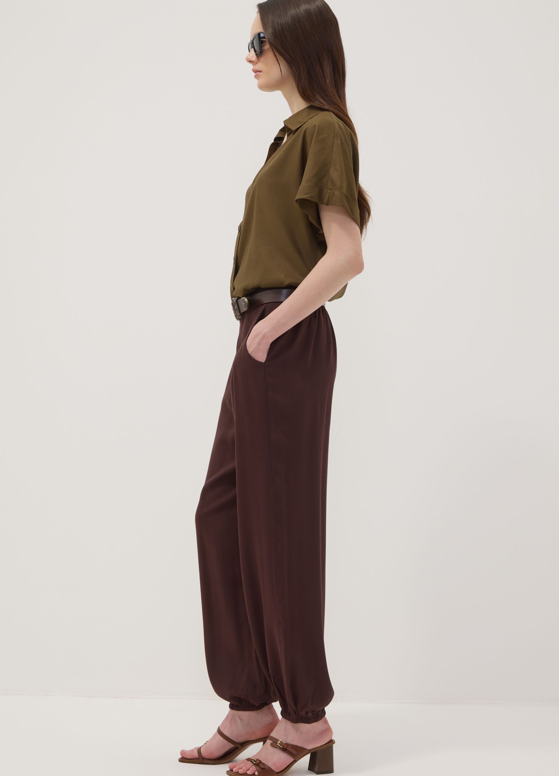 Brown pure viscose trousers with elasticated cuffs, regular fit