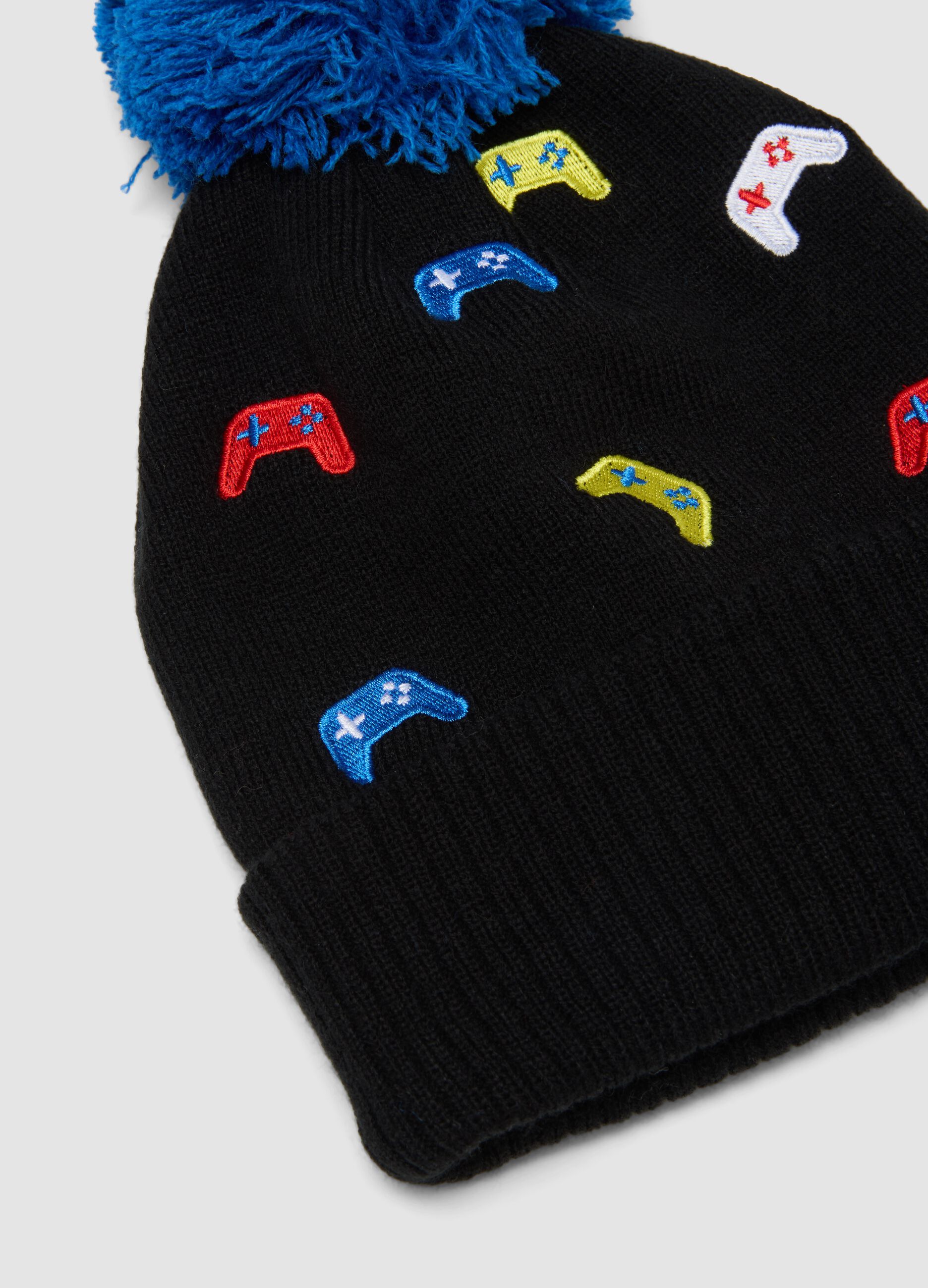 Black hat with blue pompom