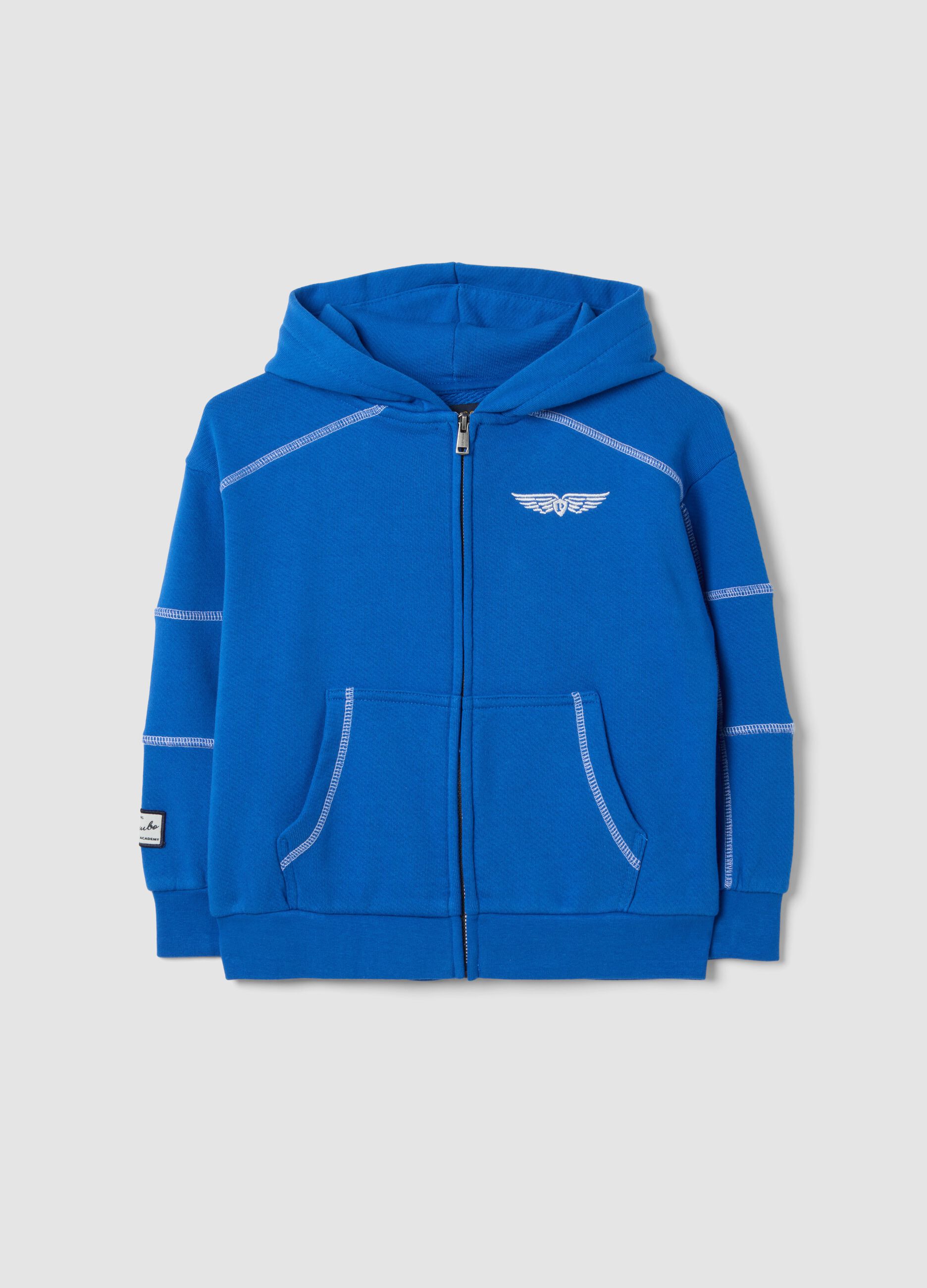 Blue pure cotton oversized hoodie with chest embroidery