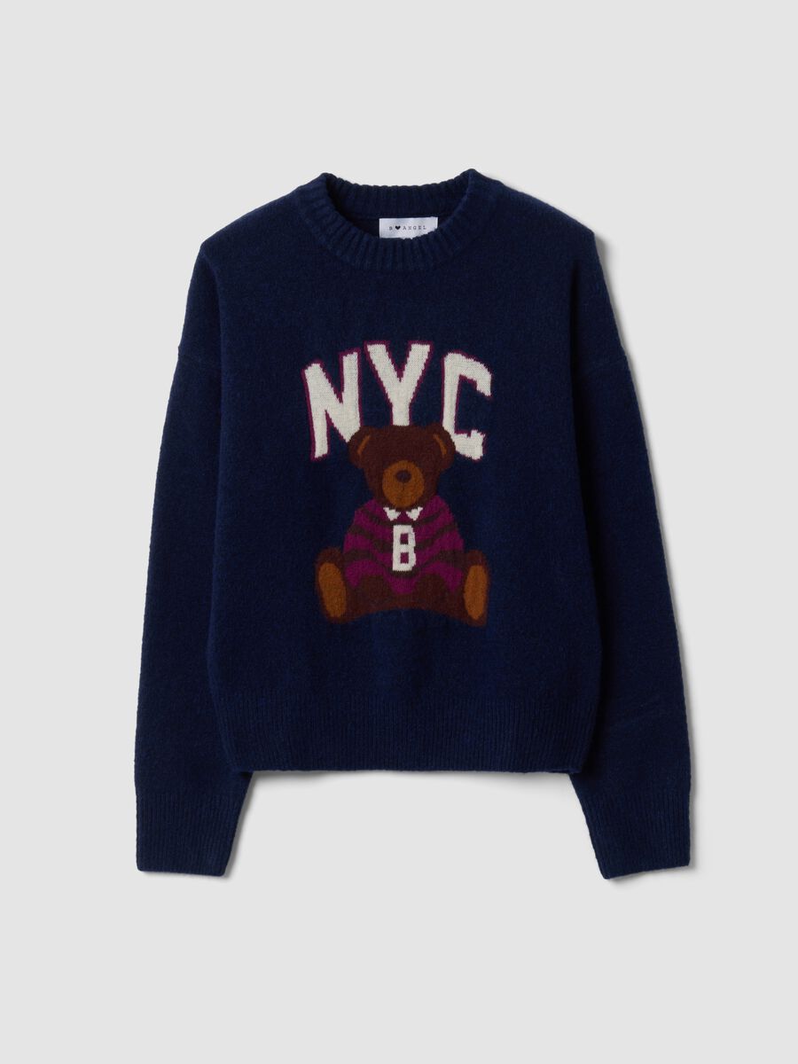 Blue stretch viscose jacquard crew-neck jumper_0