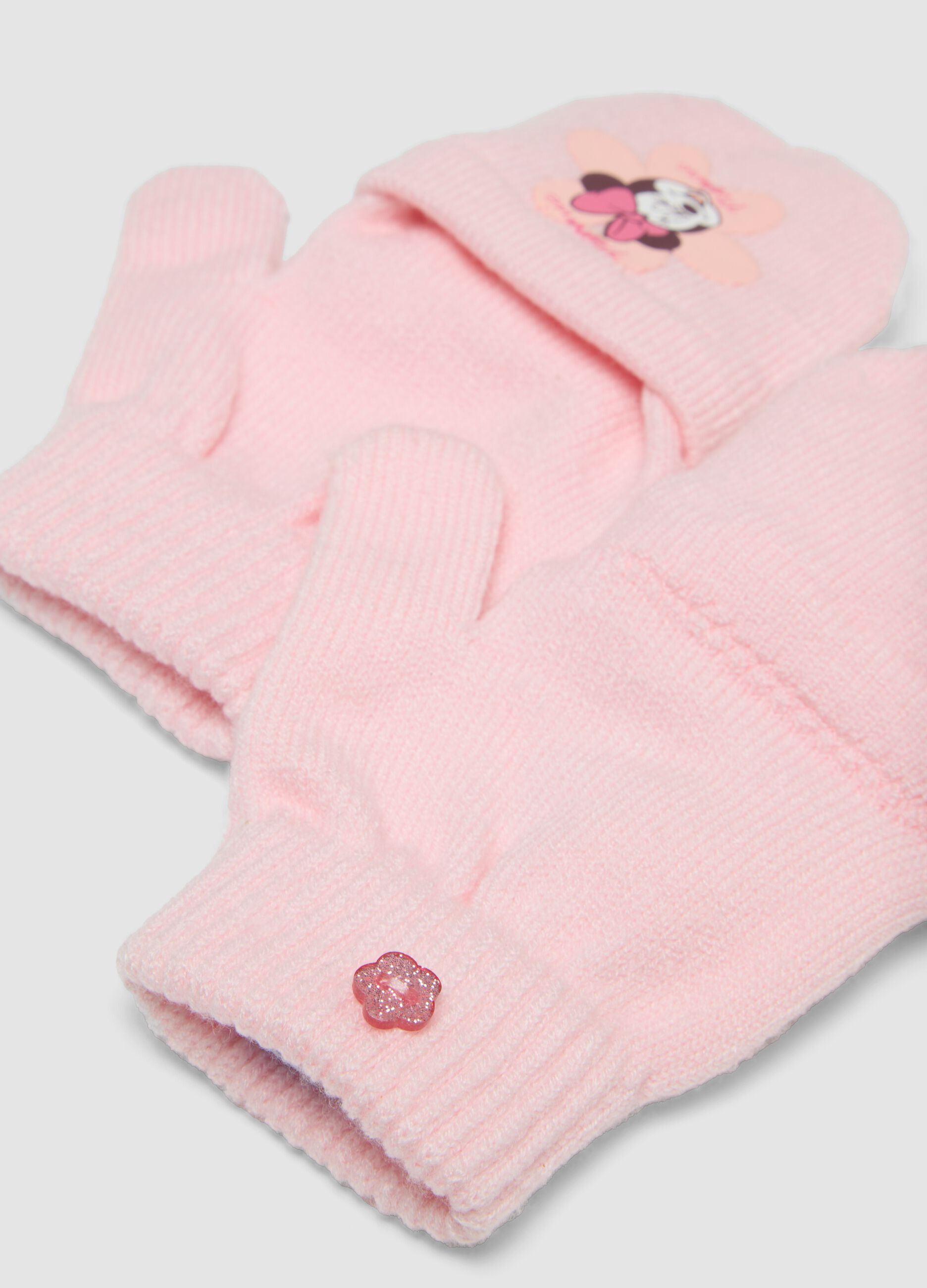 Pink viscose-blend gloves with convertible mitten flap and Minnie motif