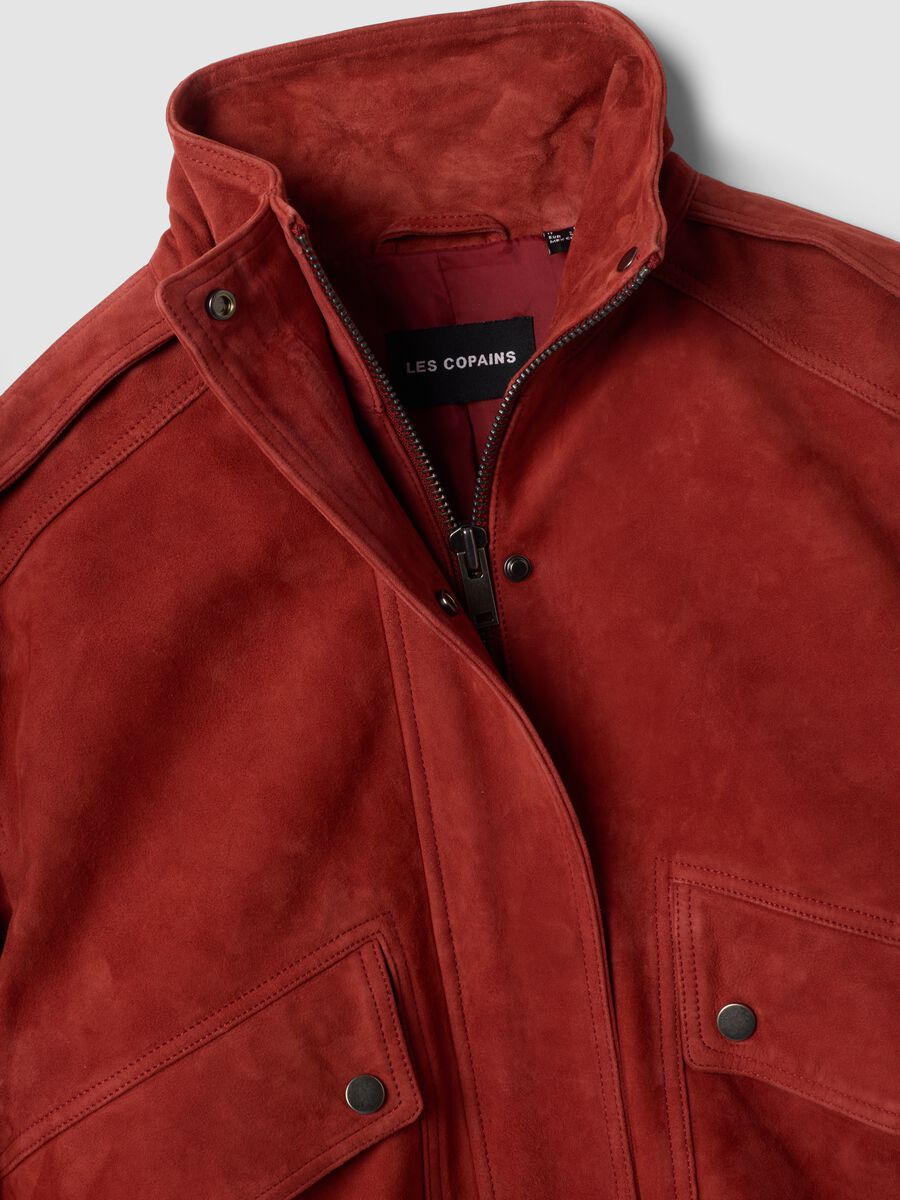 Red genuine leather bomber jacket with zip and press studs, regular fit_5