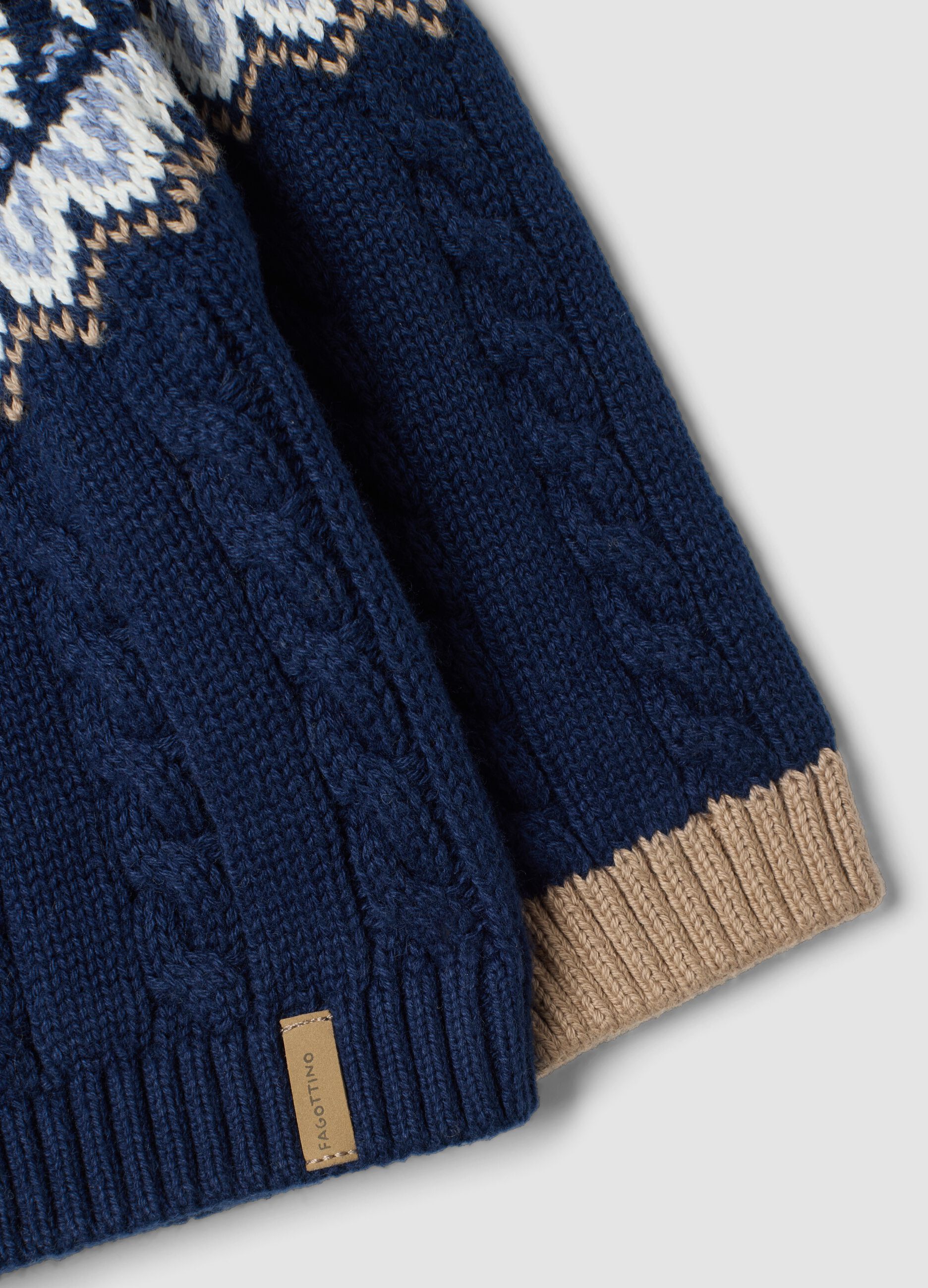 Blue jacquard regular-fit cable-knit jumper in pure organic cotton