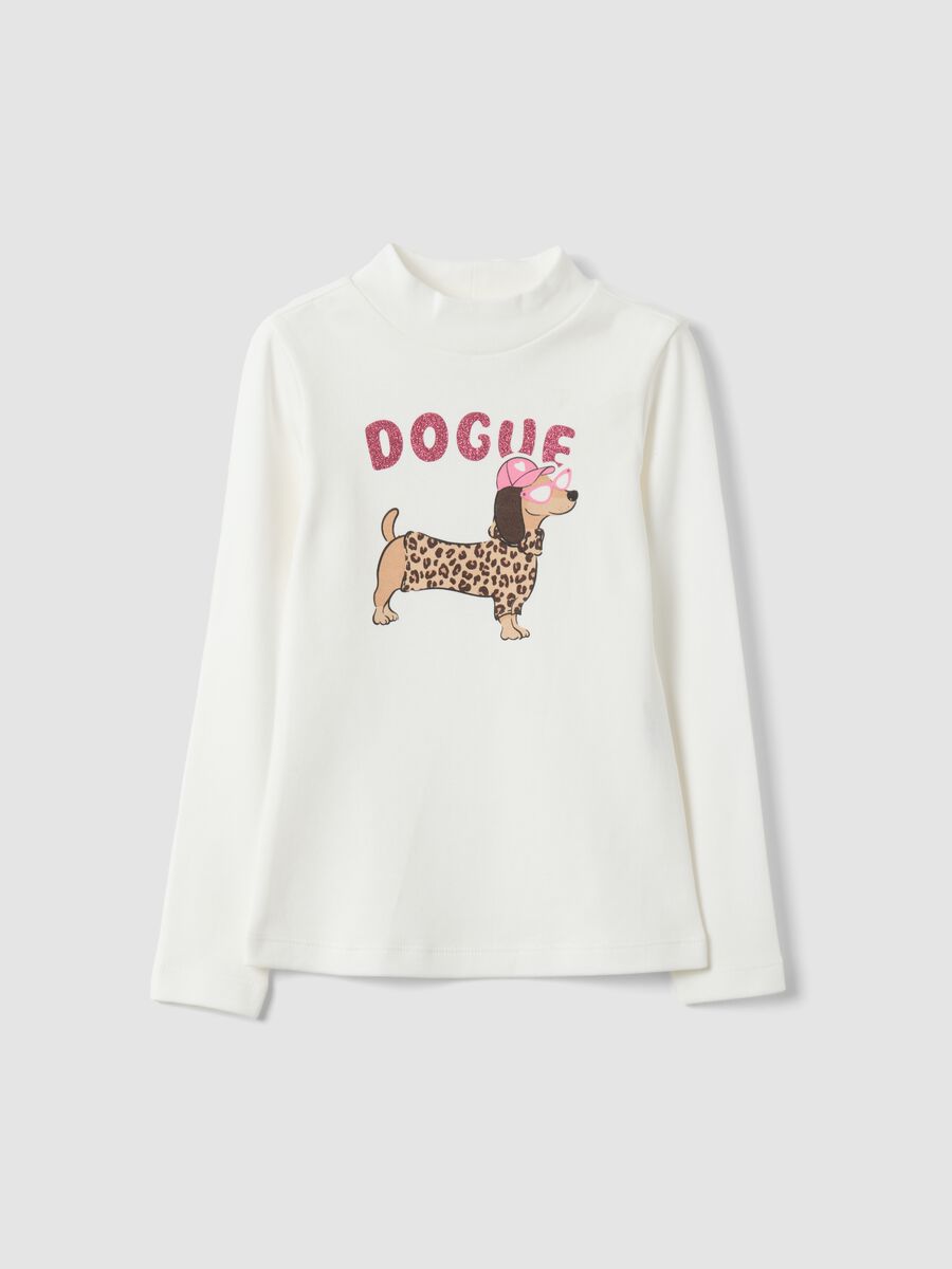 T-shirt bianca in puro cotone organico con collo rialzato e stampa cagnolino_0