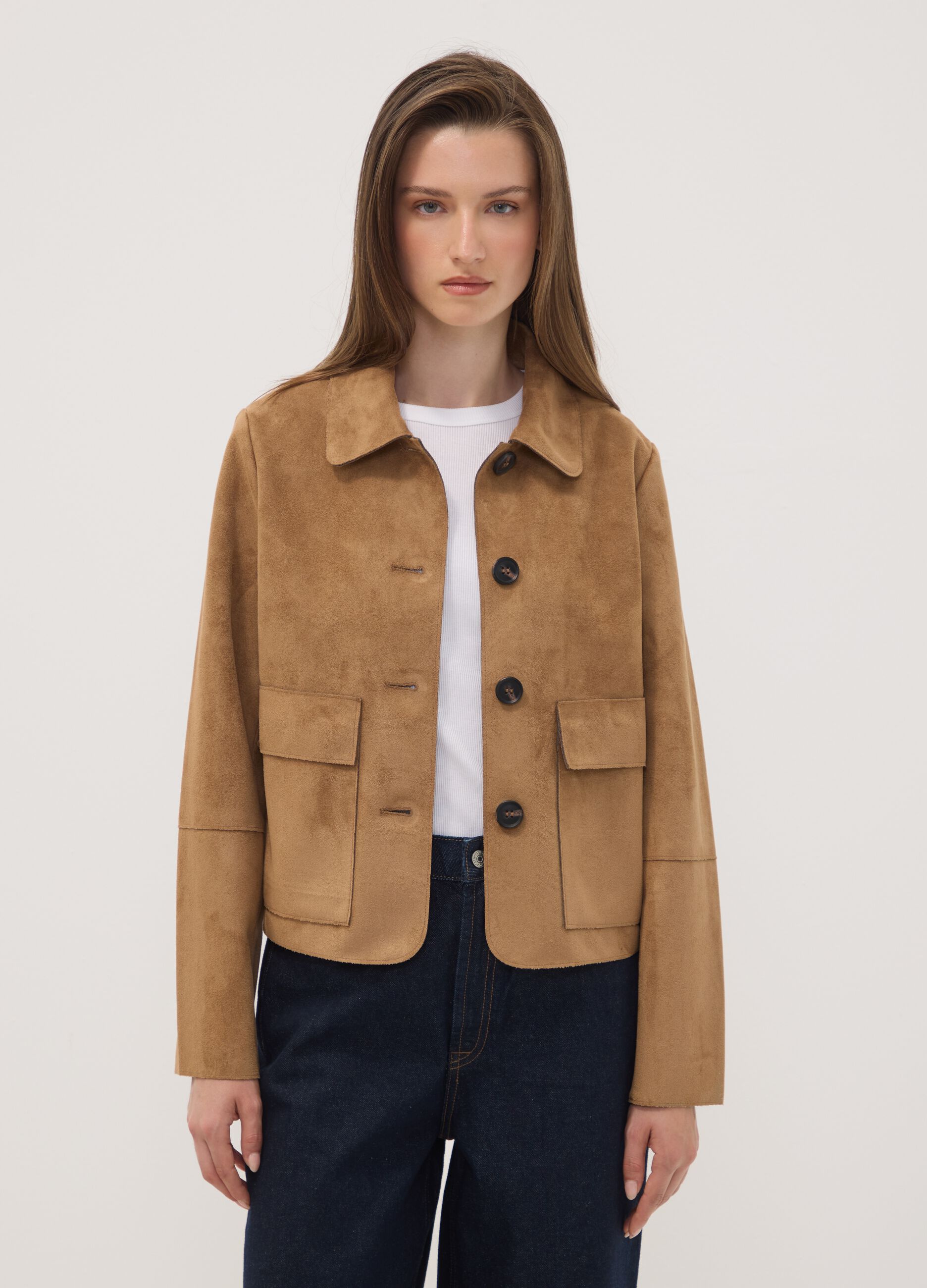 Beige regular-fit shacket with patch pockets
