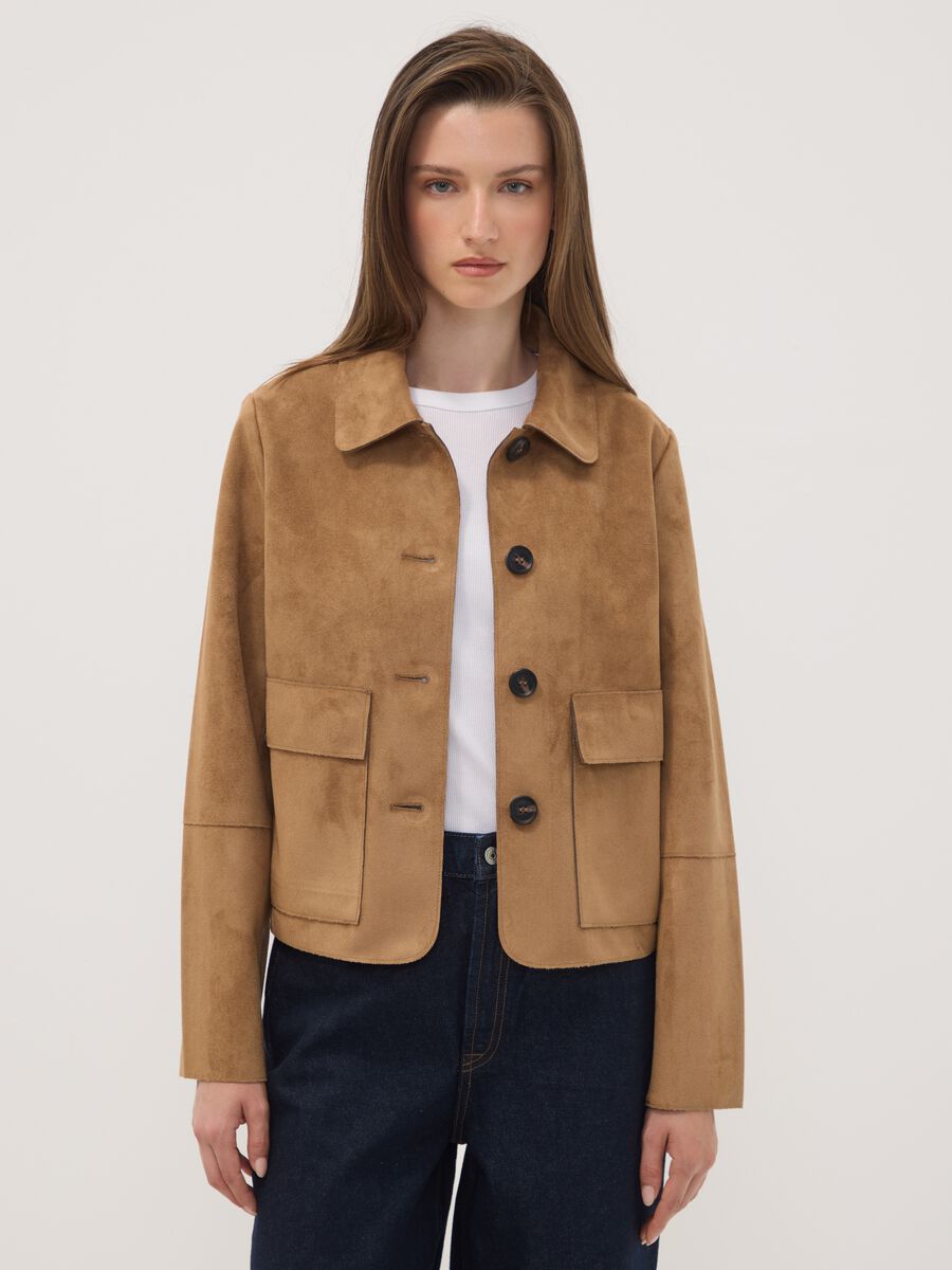 Beige regular-fit shacket with patch pockets_0
