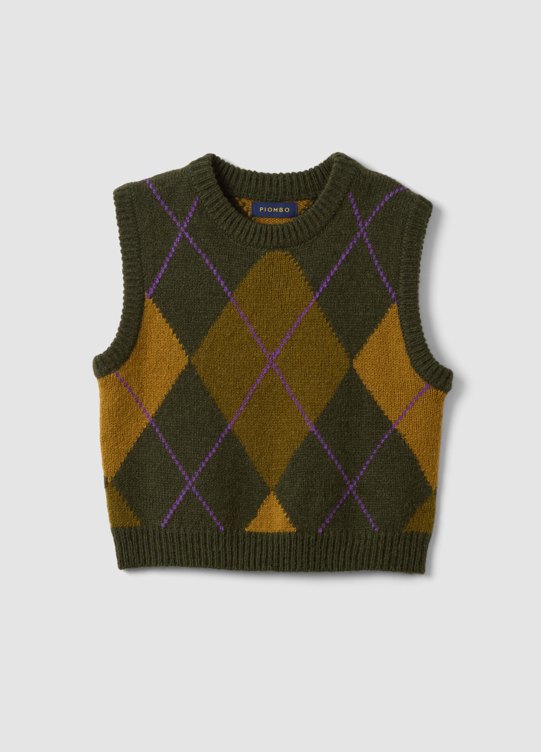 Green jacquard wool-blend crew-neck gilet, regular fit