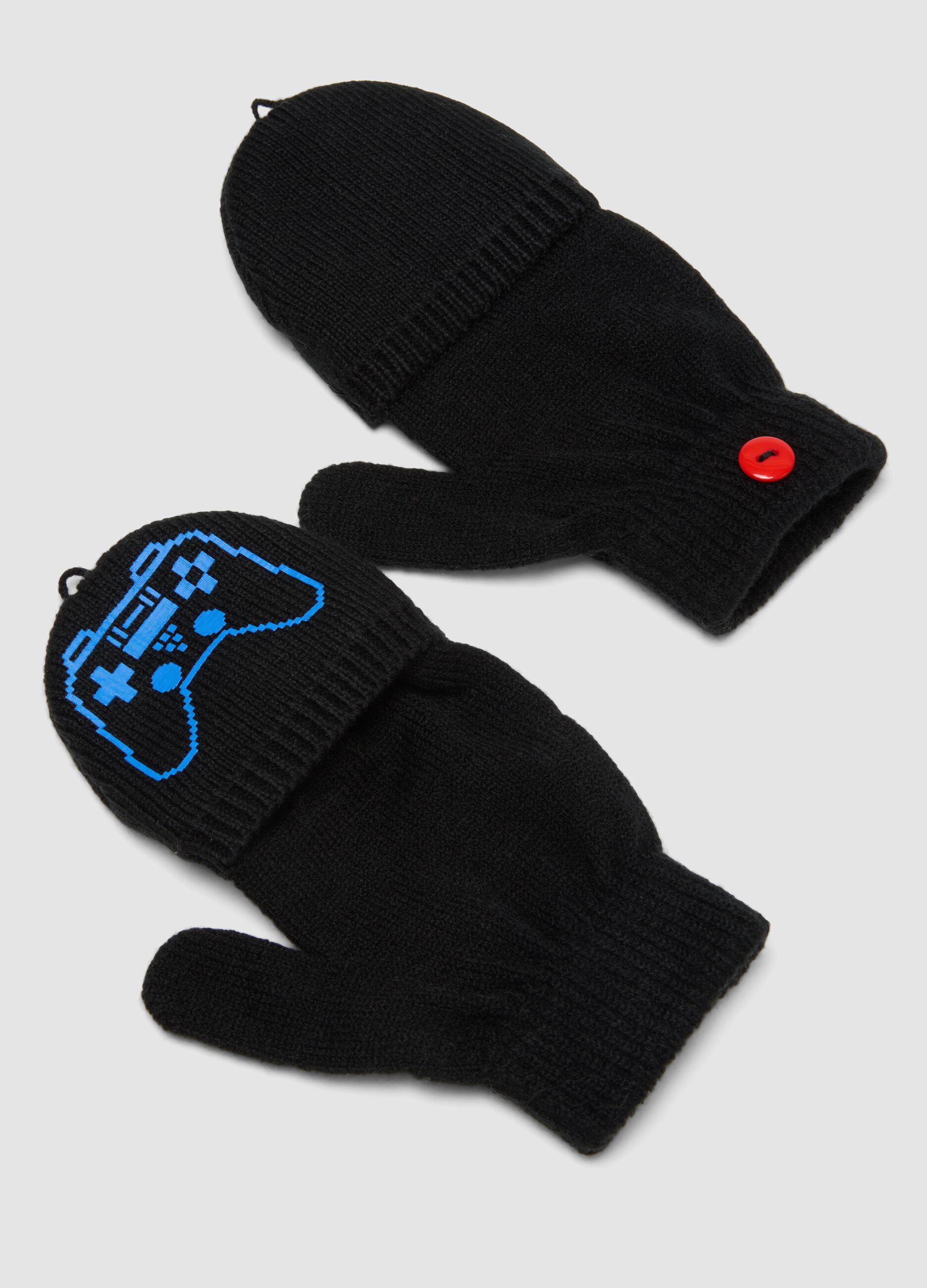 Black convertible gloves with videogame print