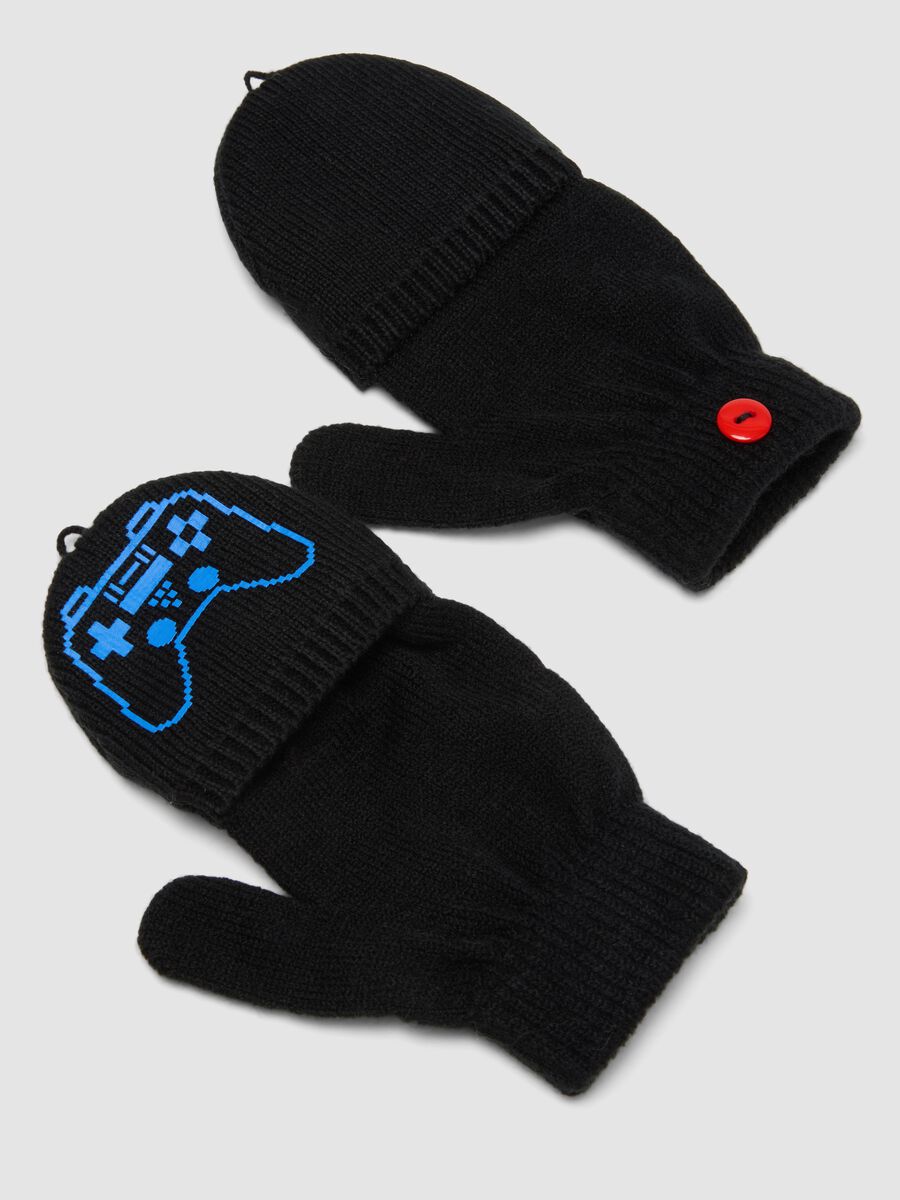 Black convertible gloves with videogame print_2