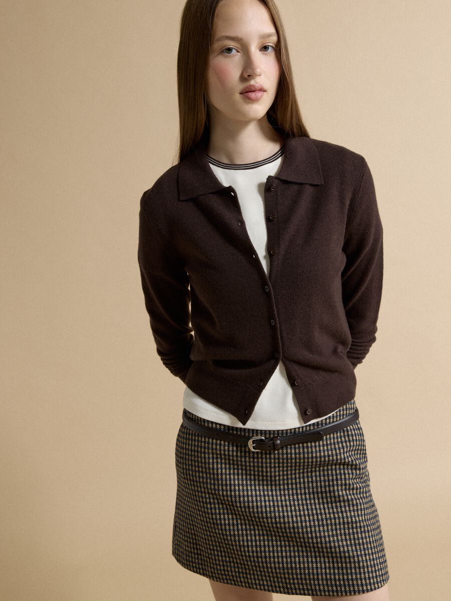 Brown pure wool cardigan with polo collar, regular fit_1