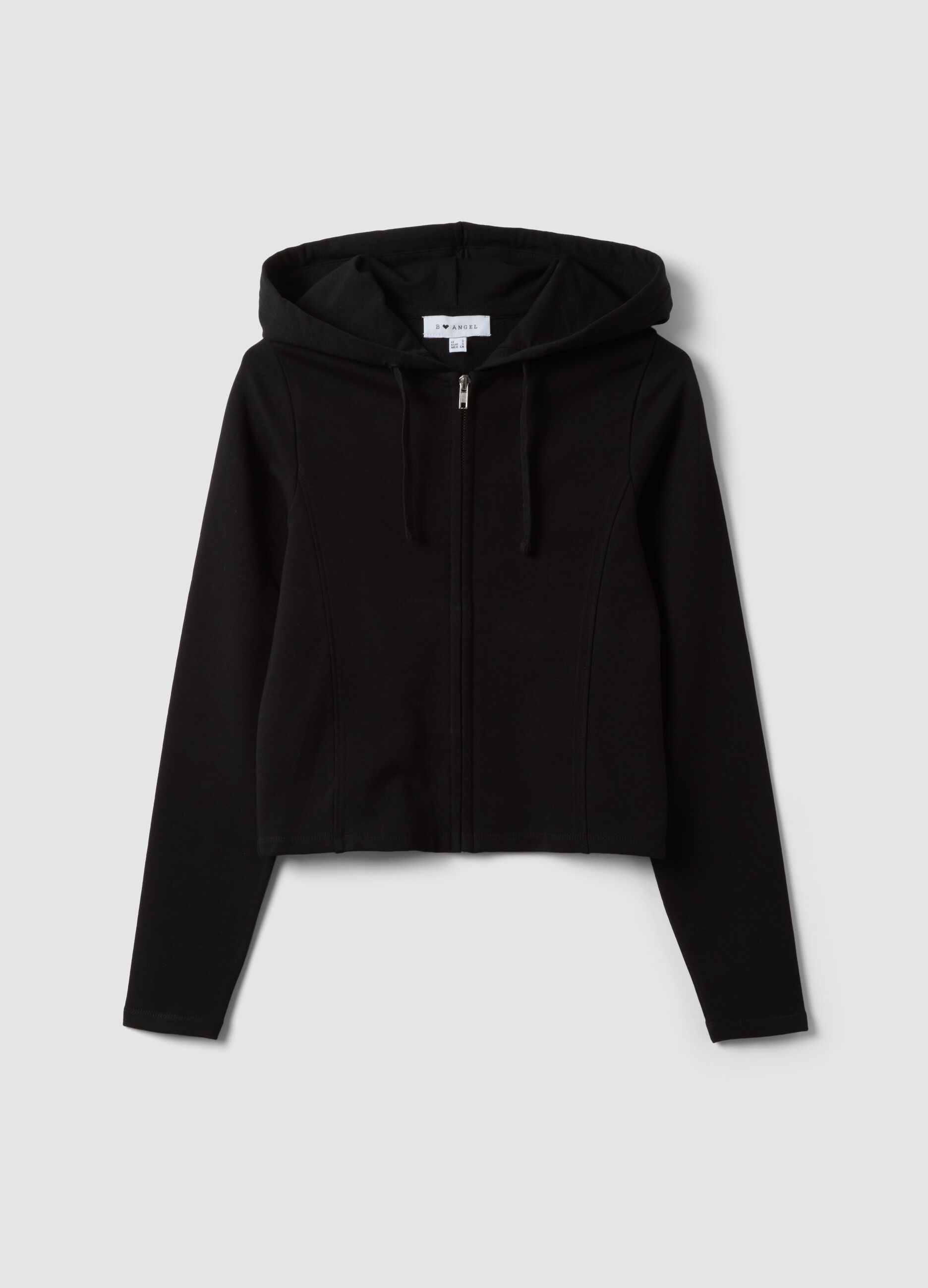 Black full-zip pure cotton hoodie, fitted