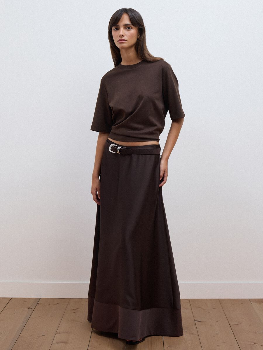 Long brown viscose-blend satin skirt_0