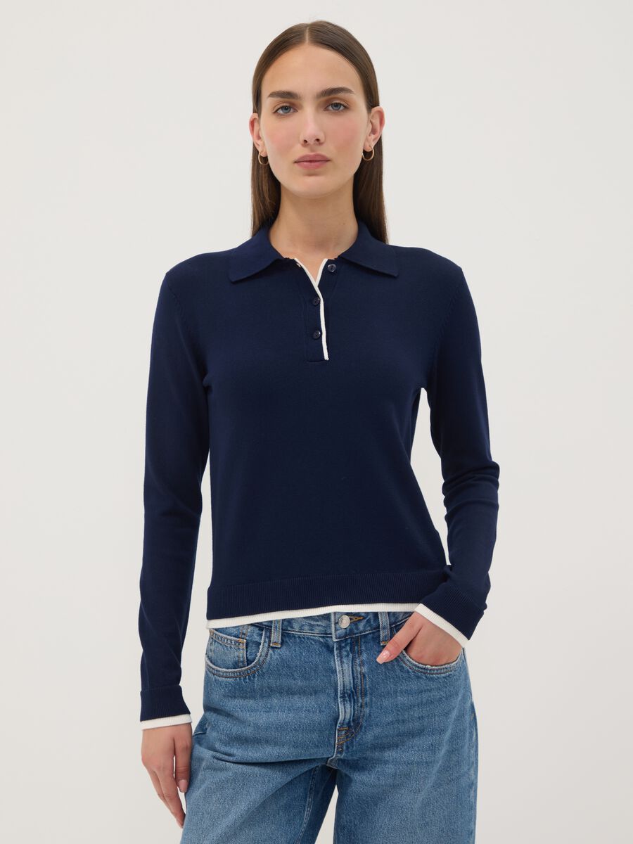 Blue viscose-blend top with polo collar, regular fit_1
