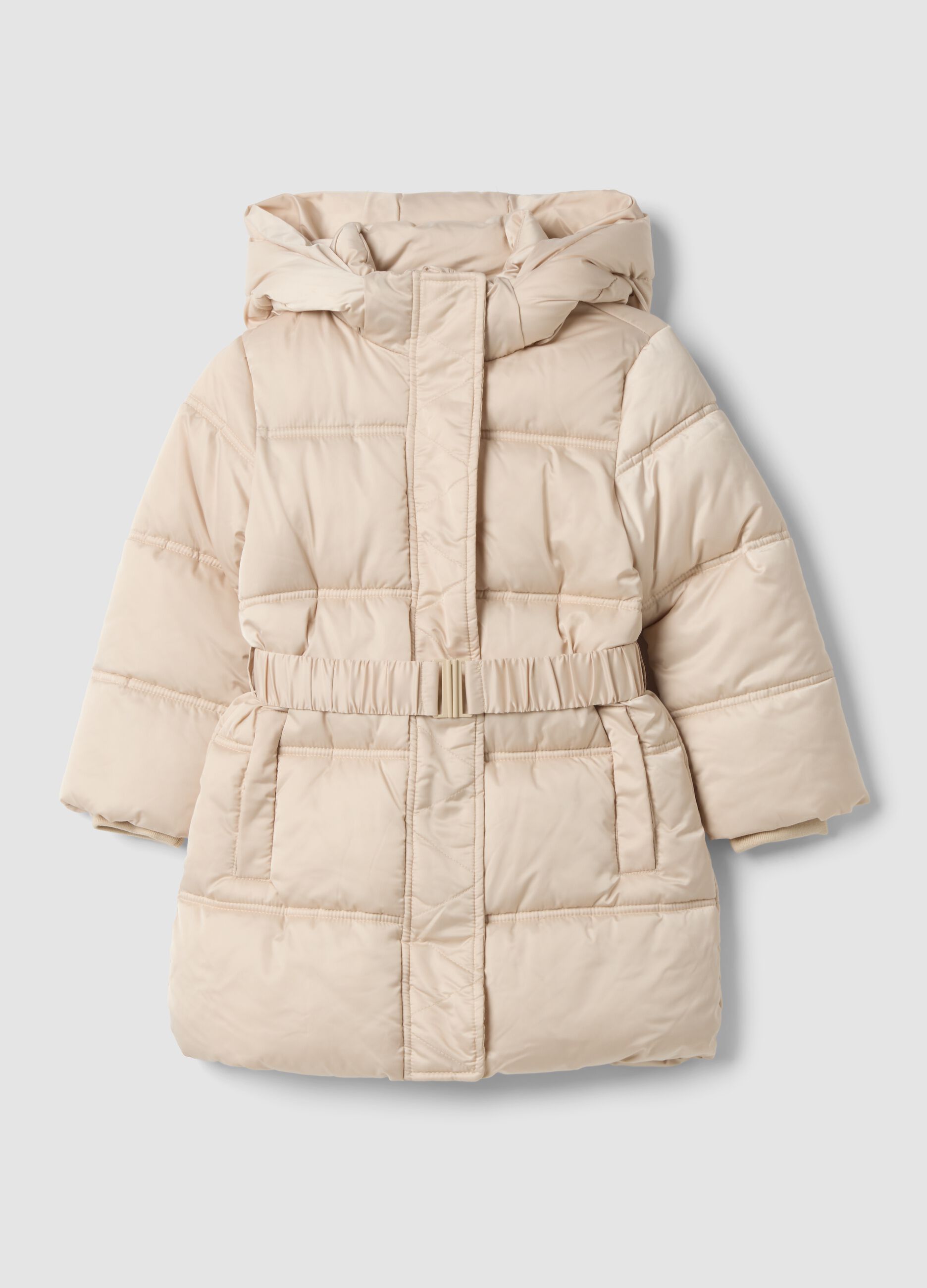 Piumino lungo imbottito beige con cappuccio e cintura