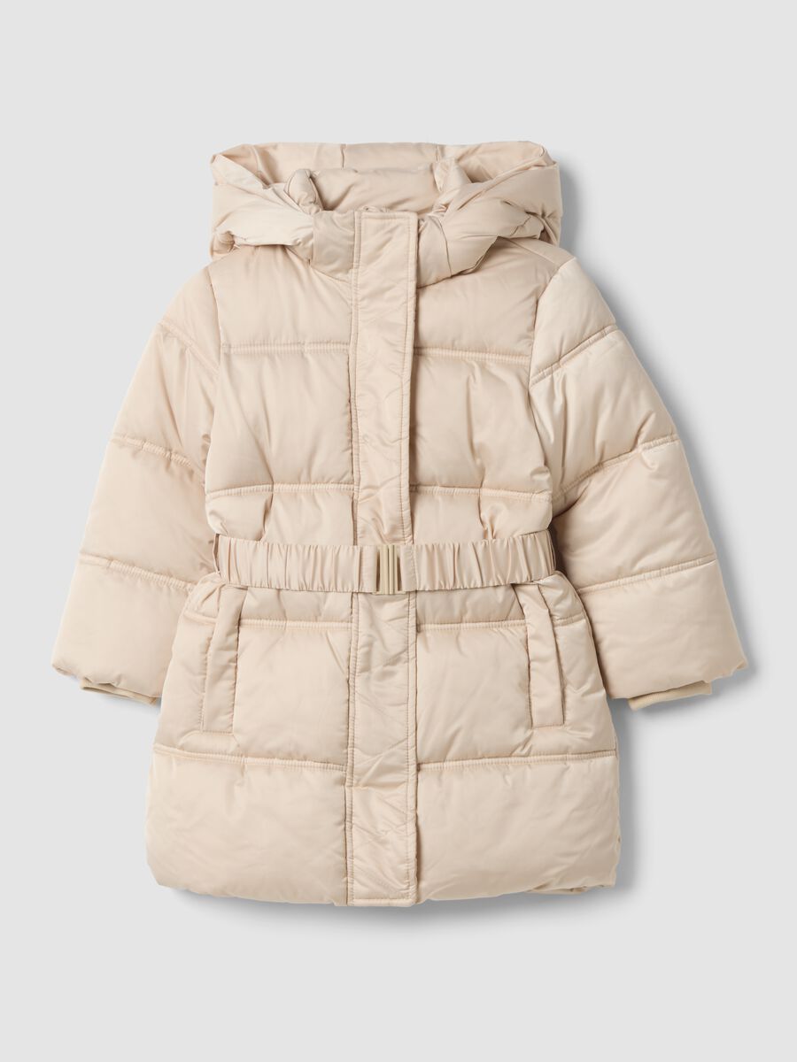 Beige long padded puffer coat with hood and belt_0