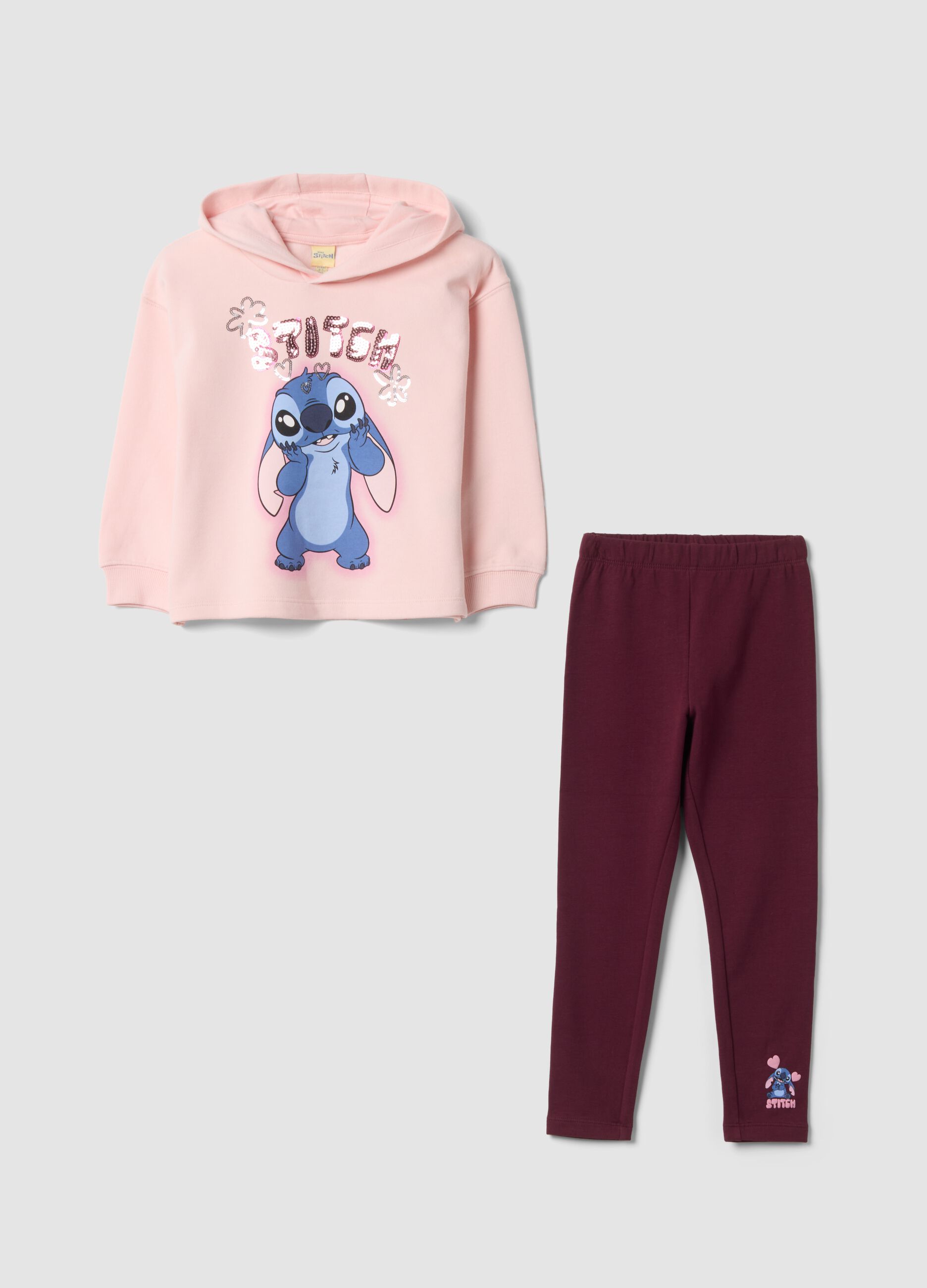 Completo rosa in misto cotone con cappuccio e stampa Stitch