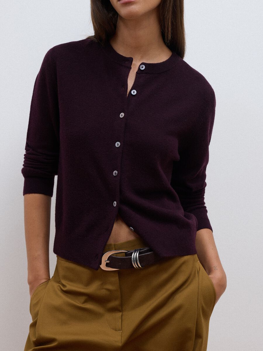 Purple pure wool crew-neck cardigan with buttons, regular fit_2