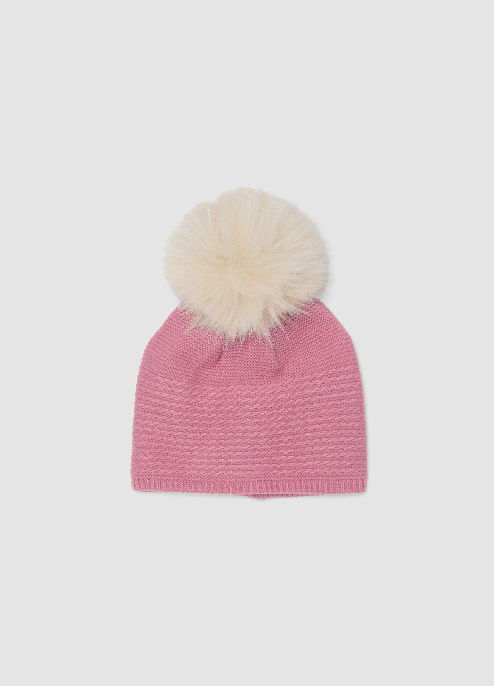 Pink knitted hat with pompom
