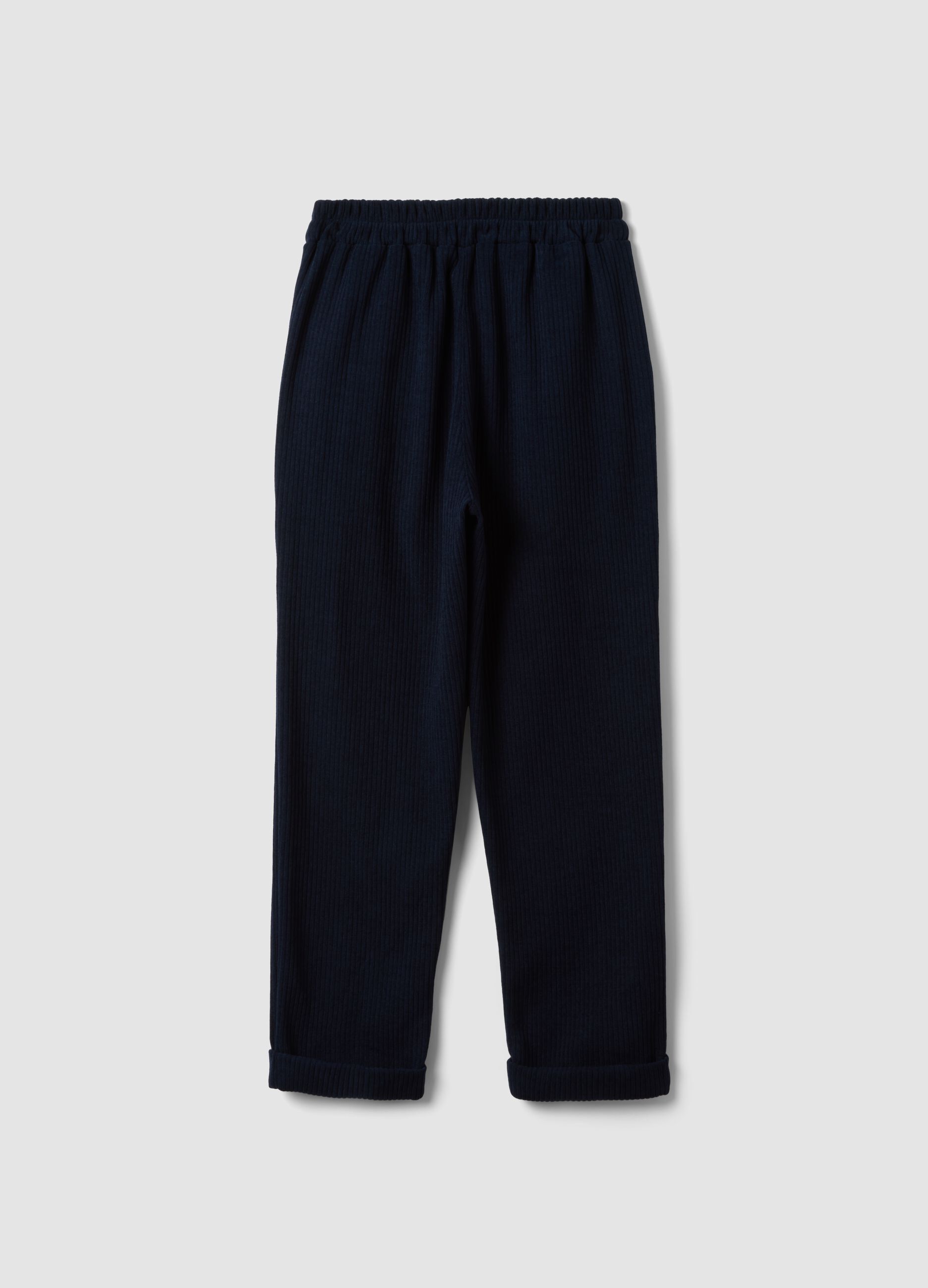 Navy blue ribbed stretch regular-fit trousers