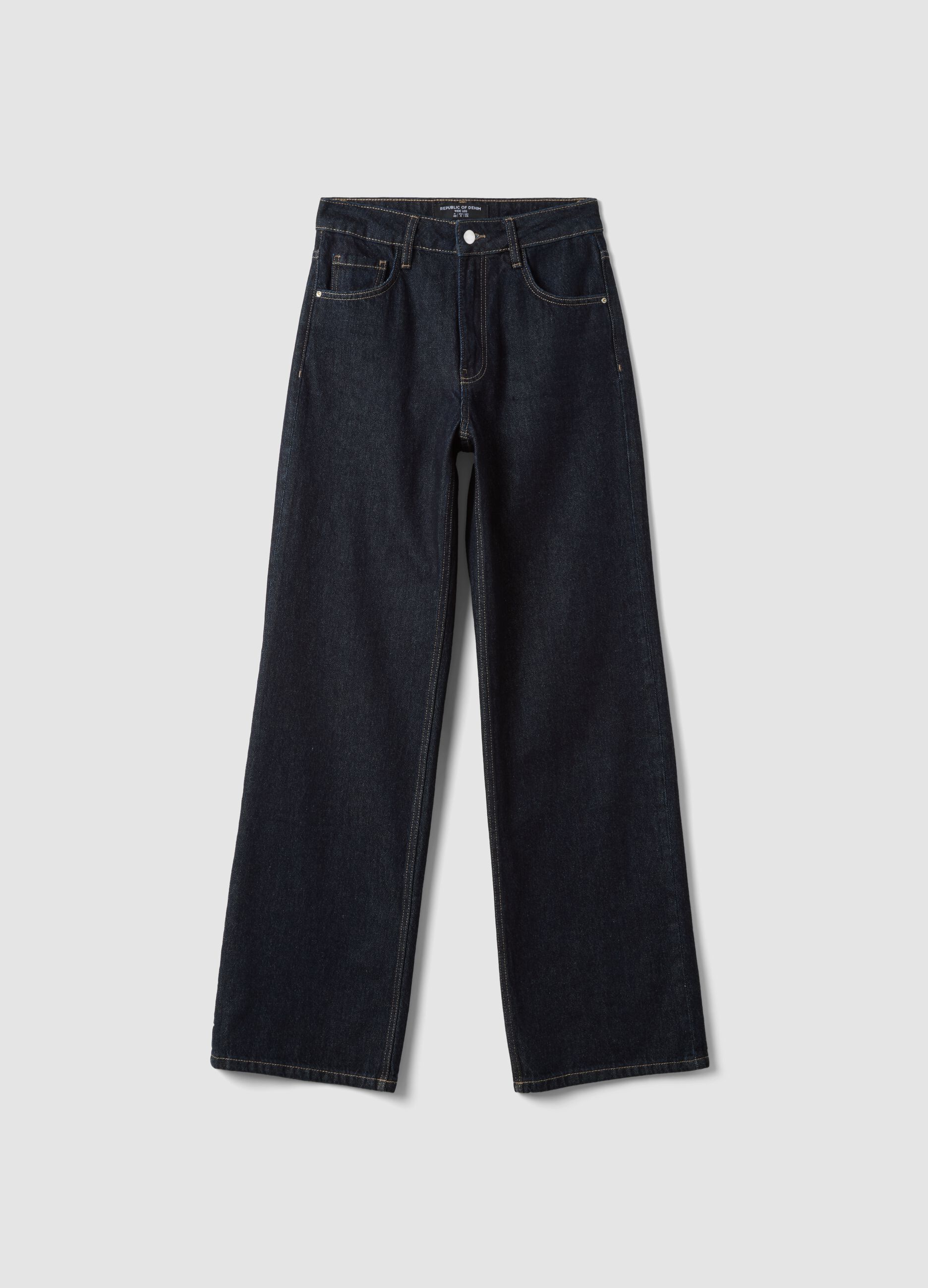 High-waisted wide-leg blue denim jeans in pure cotton