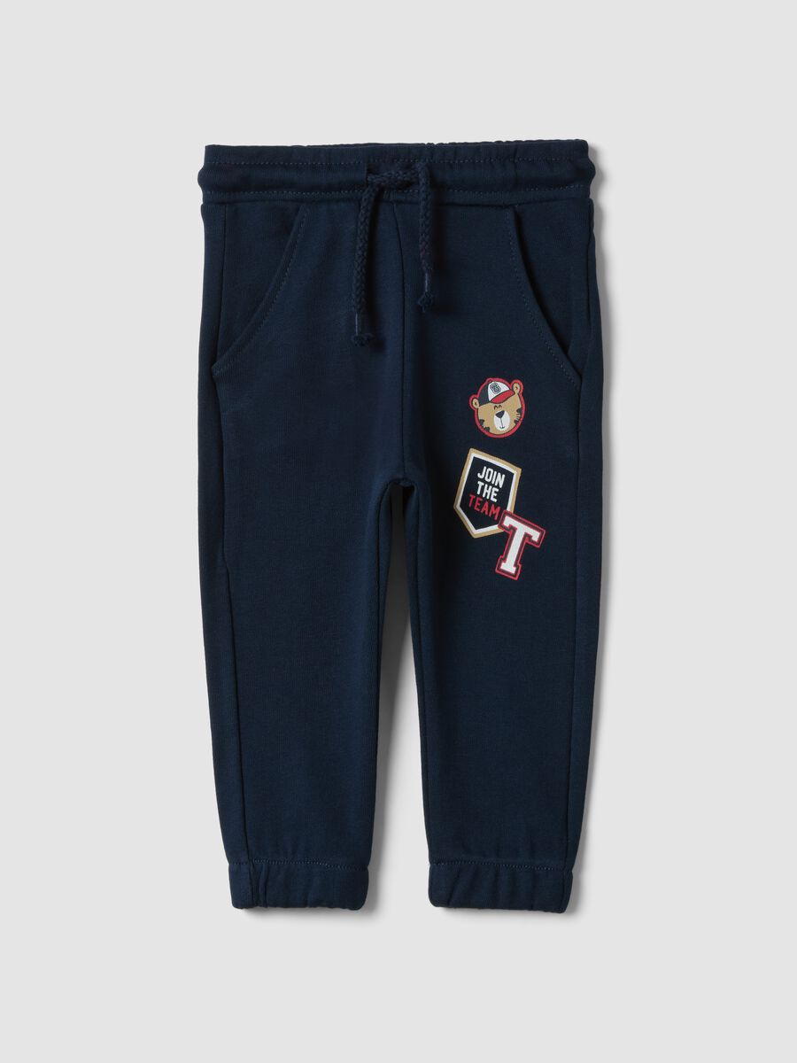 Blue pure cotton jogger trousers with teddy bear print, regular fit, for baby boy_0