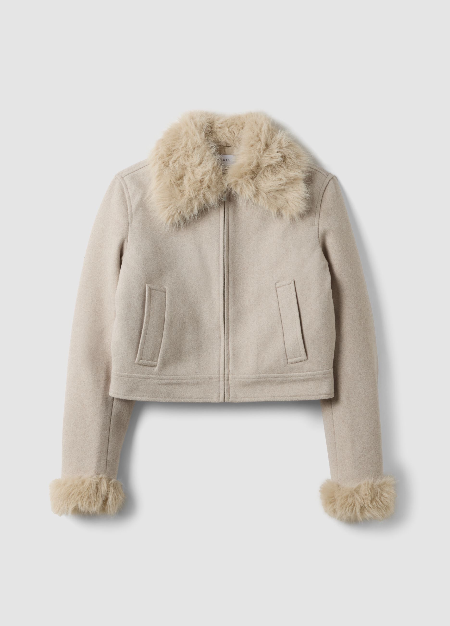 Beige jacket with zip and faux-fur collar